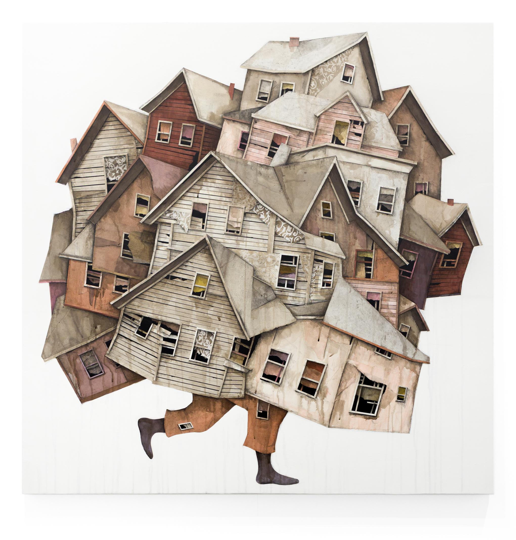 Seth Clark Figurative Art - "Wanderer 15" Layered Ink Wash, Charcoal and Paper Collage with Acrylic on Panel