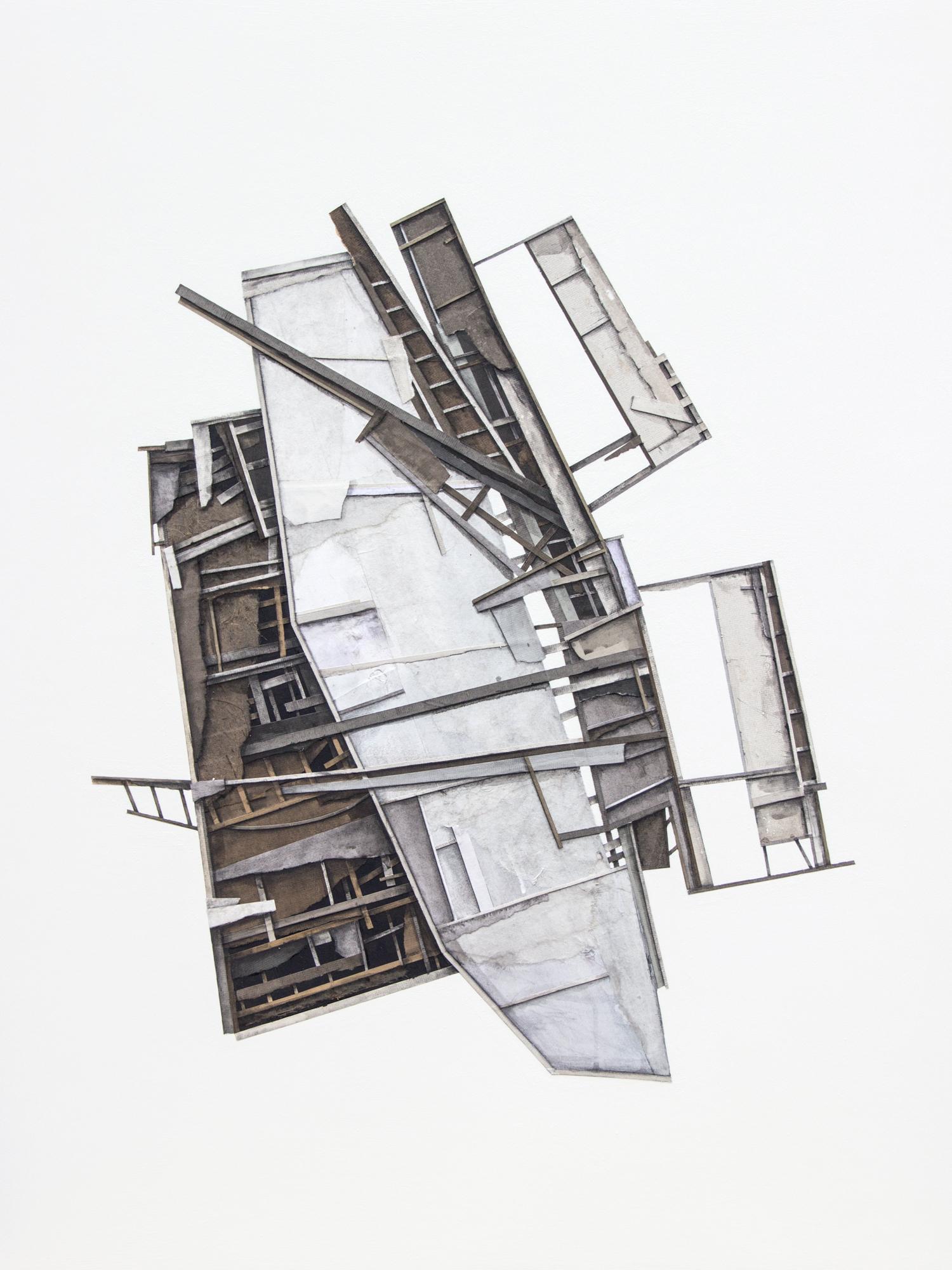 Seth Clark Still-Life Painting - "Mass Study I", Layered paper collage, distressed architecture, charcoal, pastel