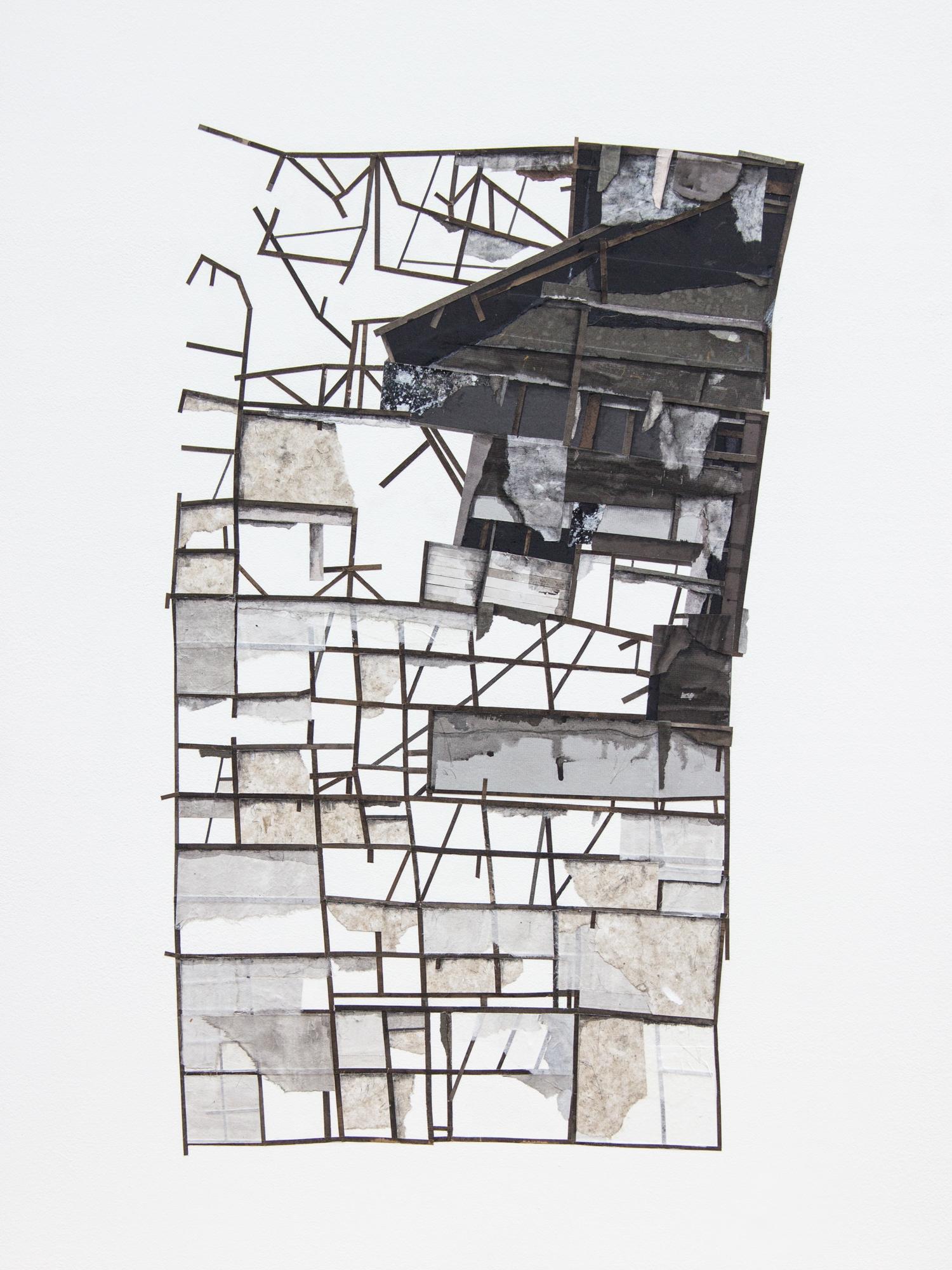 "Mass Study II", Layered paper collage and drawing, dimensional, architectural 