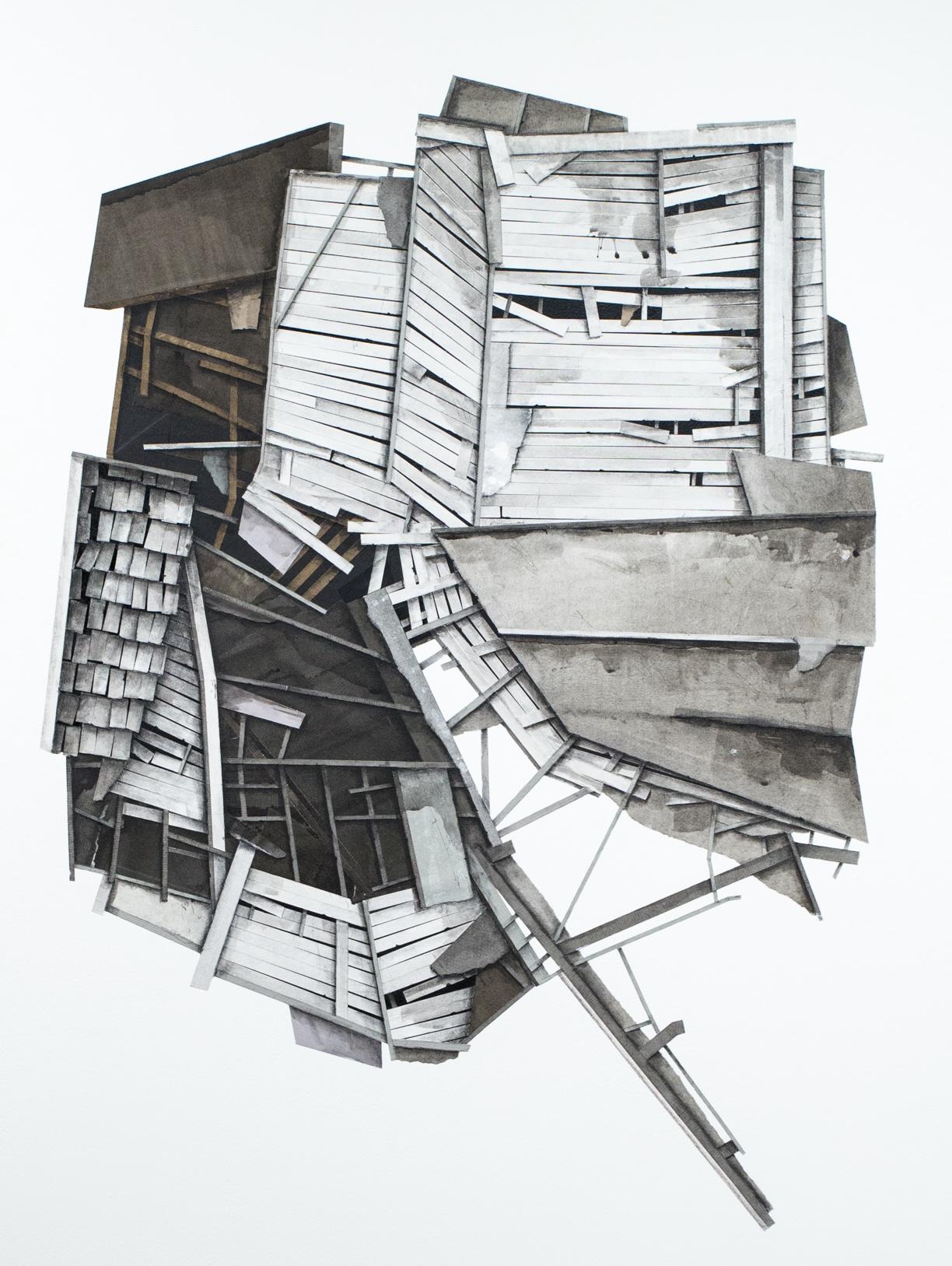 This layered paper collage and drawing artwork titled 