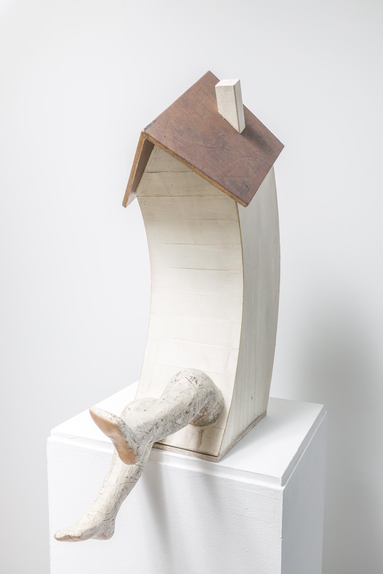 This piece, titled "Large Sitting House"  is an original free-standing sculpture by Seth Clark as part of his newest solo exhibition, "Passing Through". Clark's deteriorating structures have evolved into imaginative compositions boasting color,