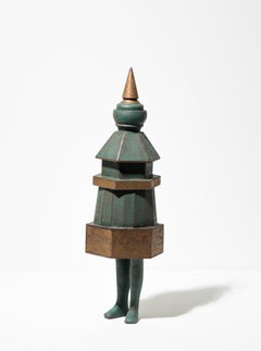 "Neighborling Maquette 27" Wood and Paper Spire Tower Figure Tablestop Sculpture