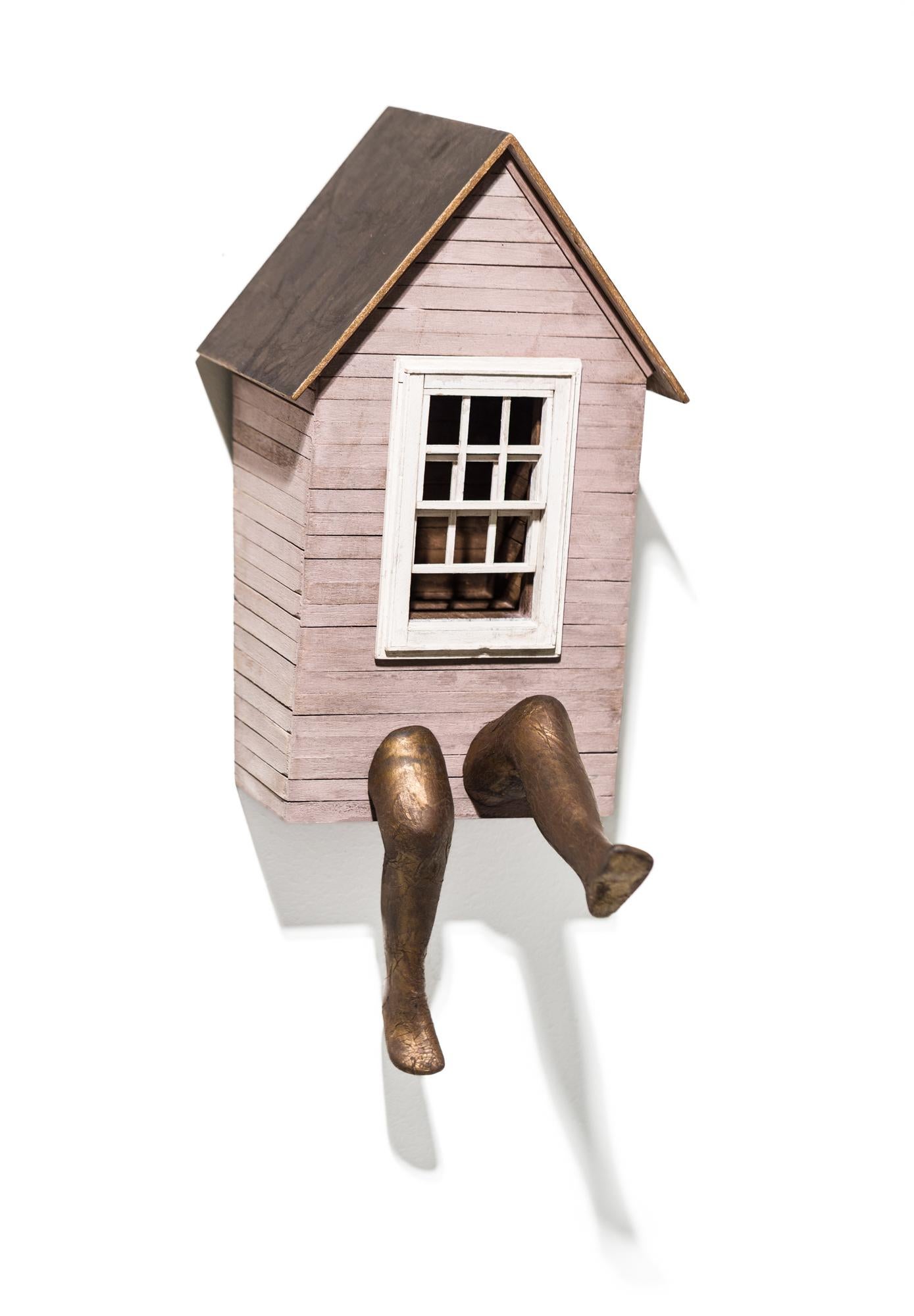 Seth Clark Figurative Sculpture - "Neighborling Maquette 32" Wall-Mounted House with Windowpane and Legs