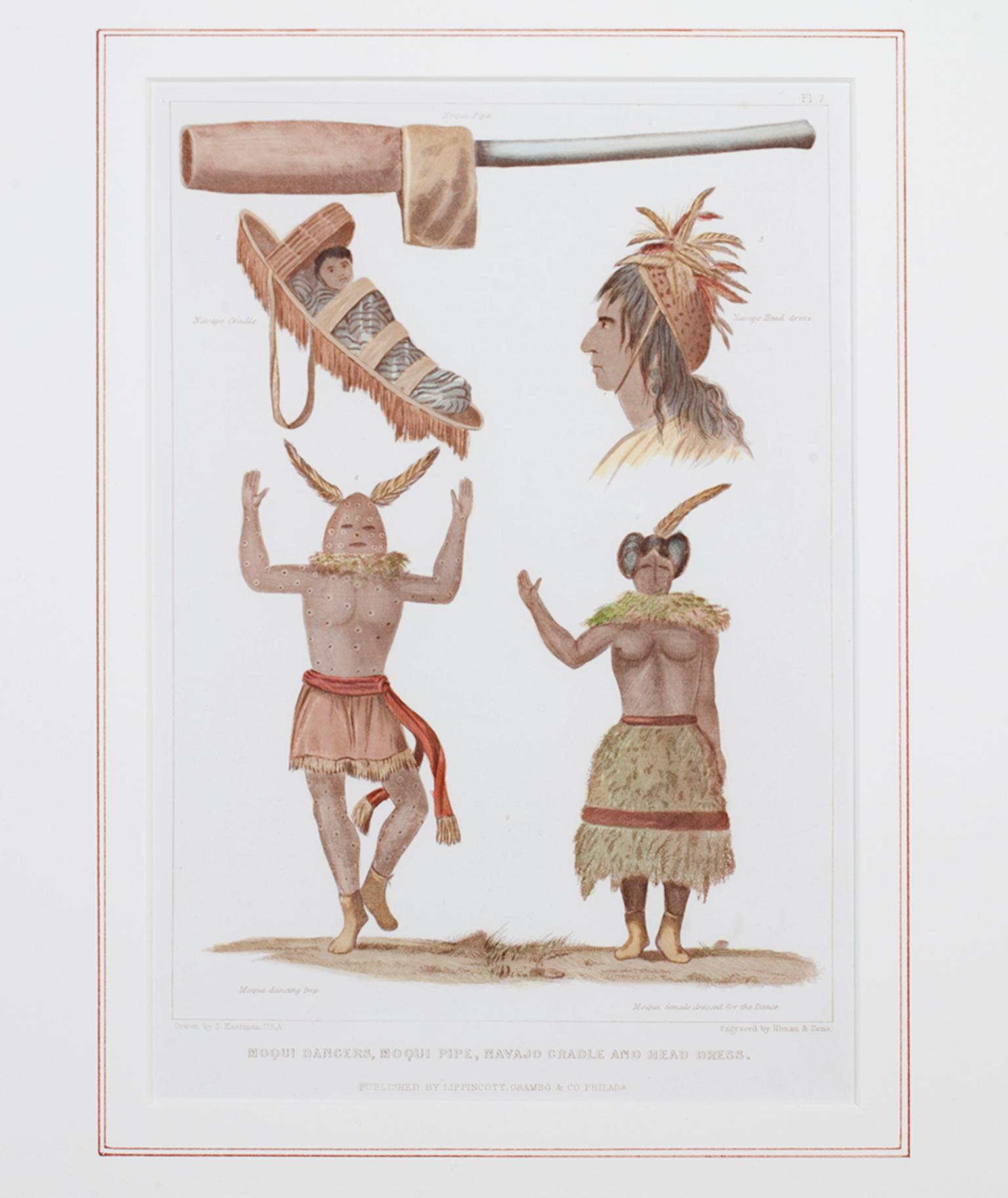 "Moqui Dancers, Moqui Pipe, Navajo Cradle & Headdress" ist ein handkolorierter Stich von Seth Eastman. Es zeigt enzyklopädische Darstellungen der Kultur der amerikanischen Ureinwohner. Es wurde von Lippincott, Grambo & Co. in Philadelphia