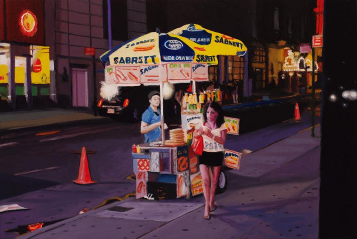 Seth Tane's, "Sabrett", is a small scale realist oil painting. The work focuses on a single Sabrett food cart. Although late at night, the city is bright with lights from surrounding shops and buildings, providing a warm quality to the piece. The