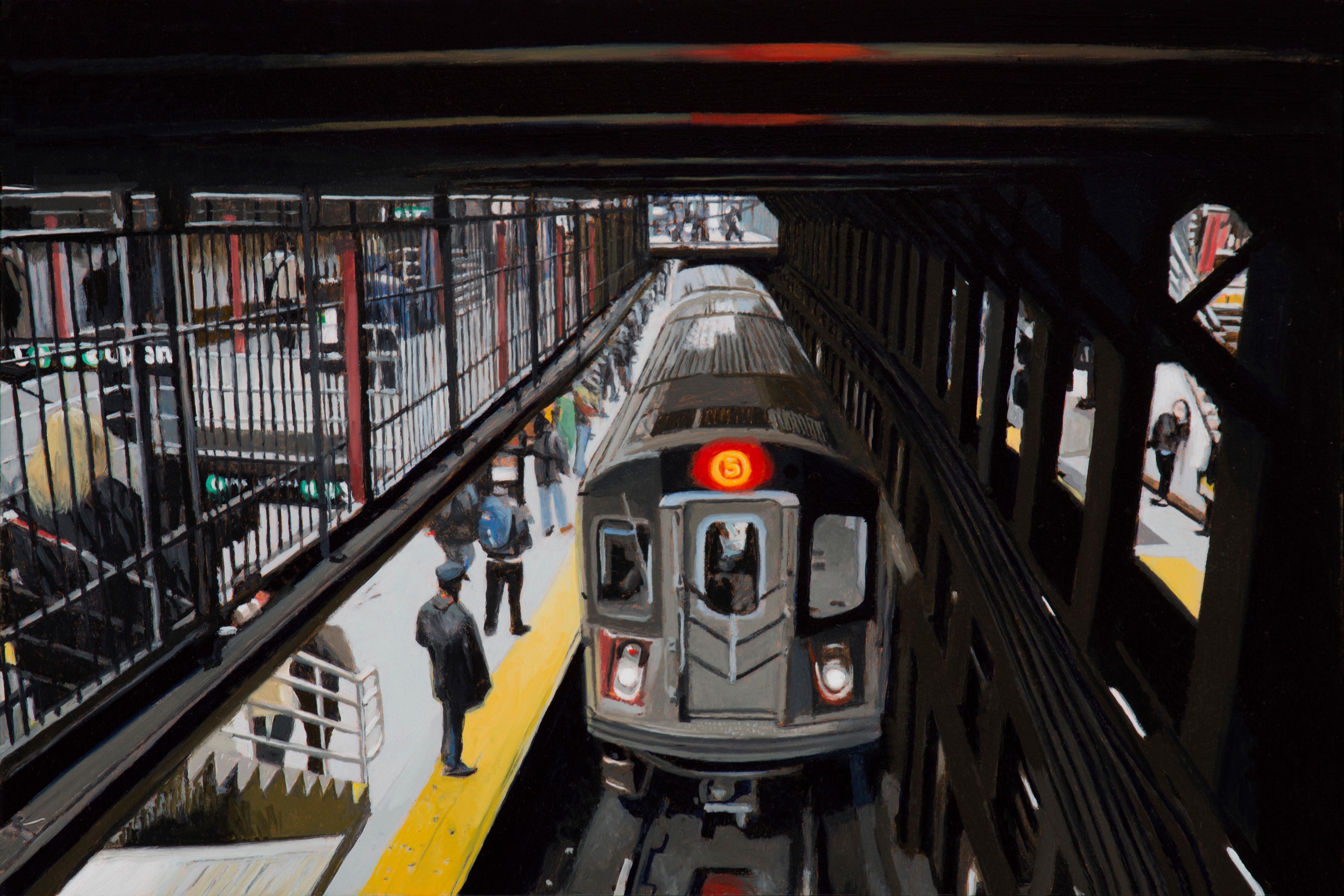 Seth Tane Interior Painting - small scale realist painting, "5 Train", oil on panel (New York City, Subway) 