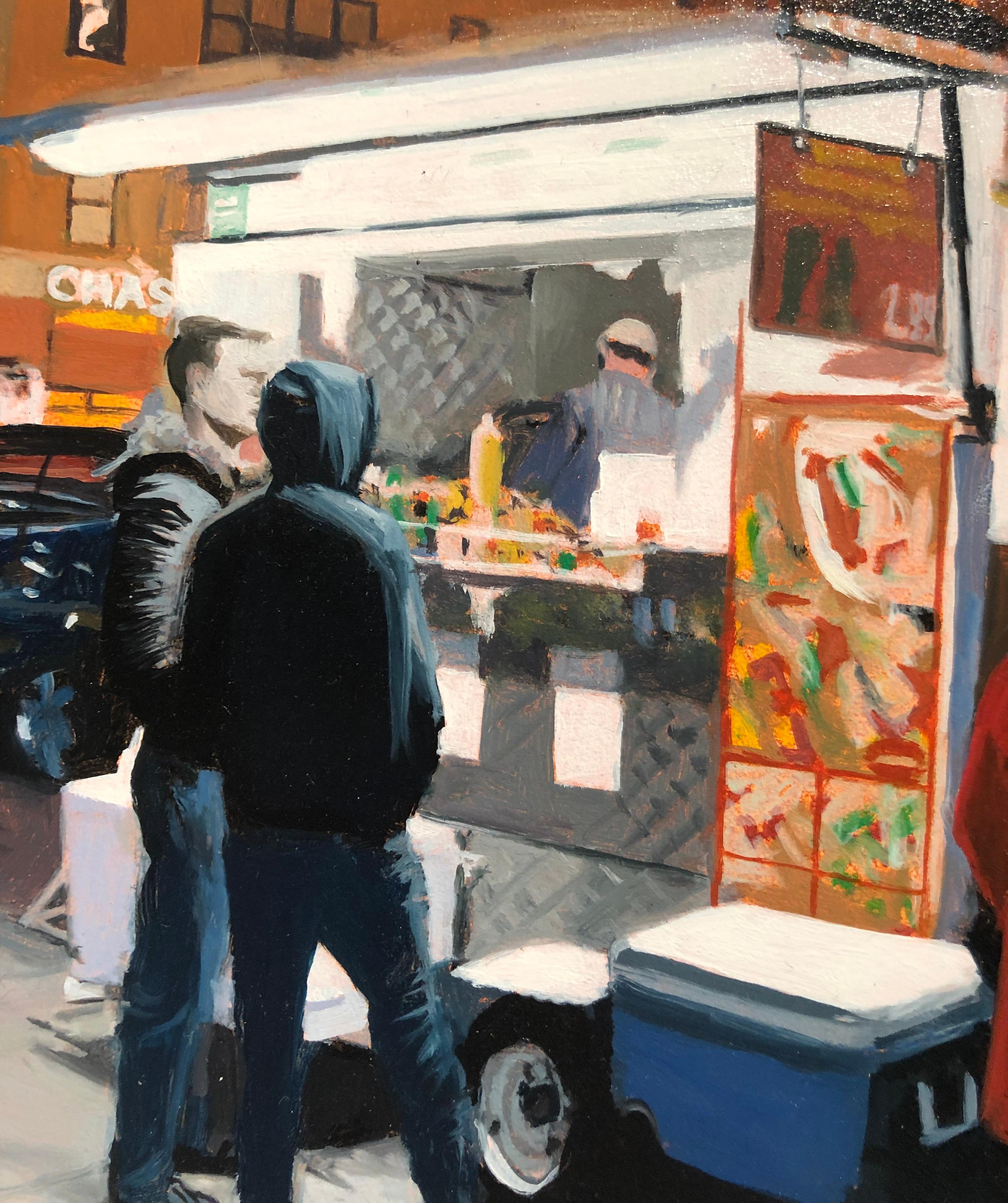 Seth Tane’s “Union Square Halal” is a small scale oil on panel painting. The work examines a New York City street corner late at night. Despite the late hour, cars drive down the street and people flock around a Halal cart. With this painting, Tane