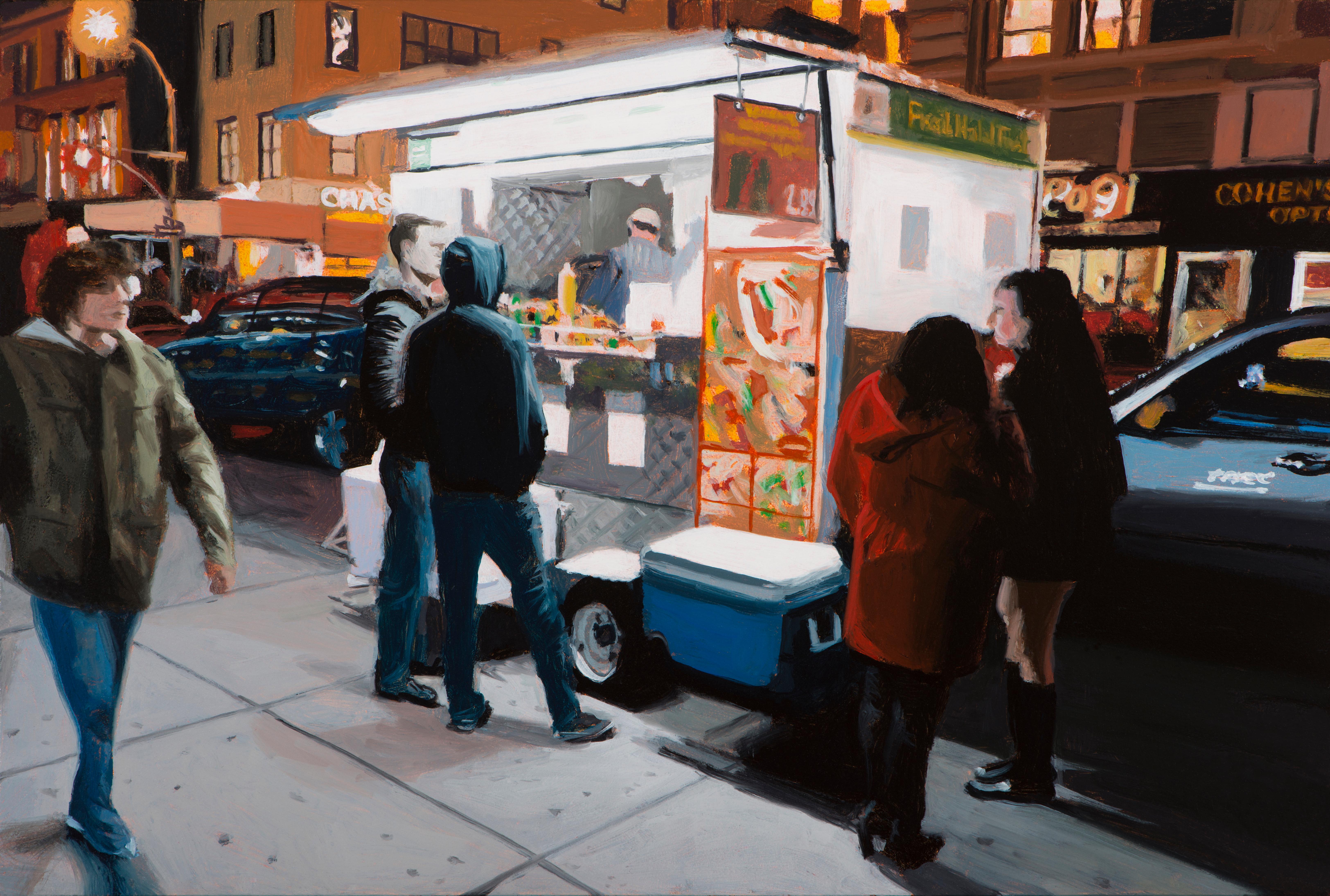 Seth Tane Landscape Painting - small scale realist painting, "Union Sqaure Halal", night scene
