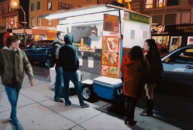 Seth Tane small scale realist painting, "Union Sqaure Halal", night scene For Sale at 1stDibs