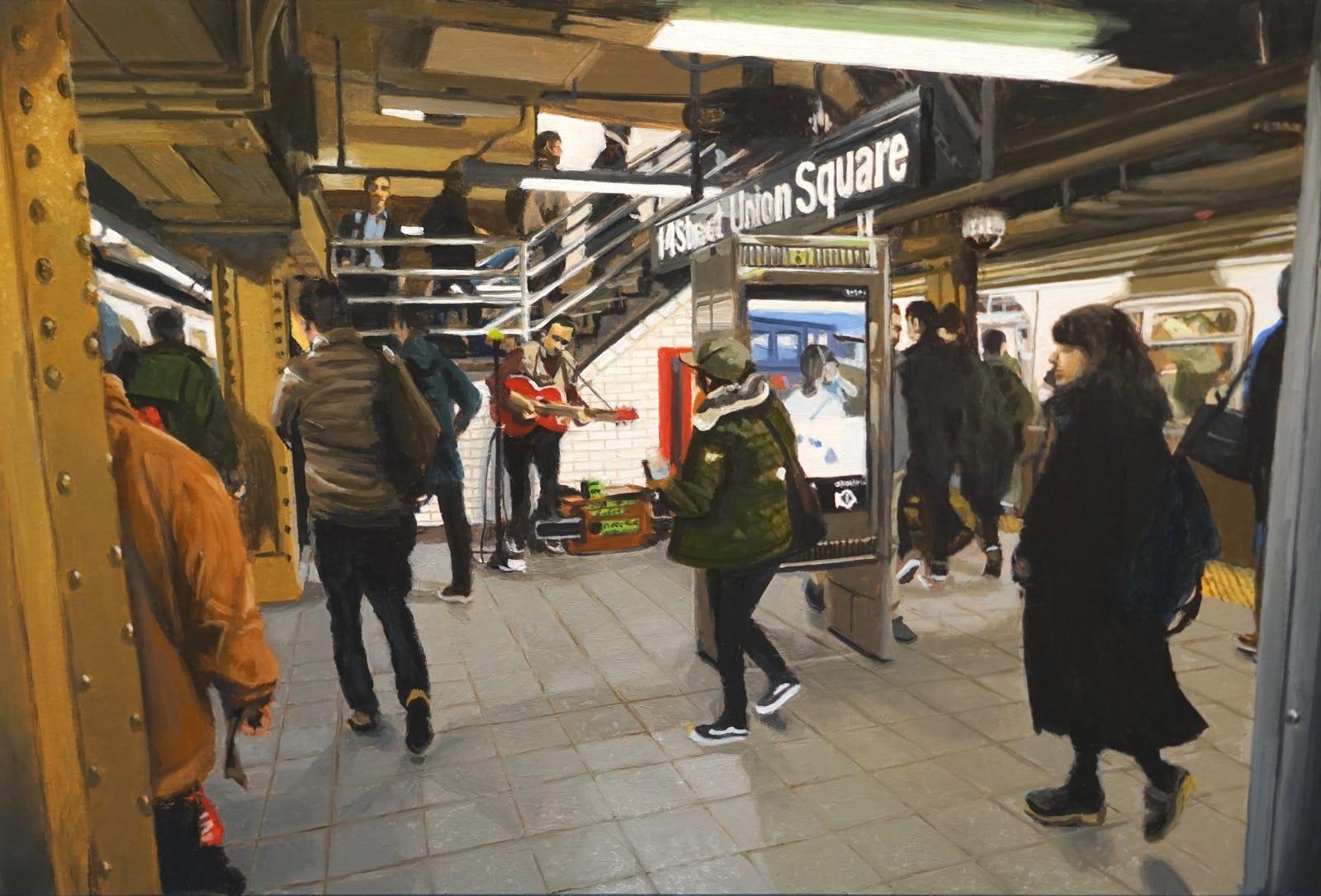 Seth Tane's realist oil on panel painting, "Union Square Blues," instantly transports the viewer to a bustling New York City subway station. Warmth emanates from the golden color of the pillars and bathes the scene in rich tones. Slightly off center