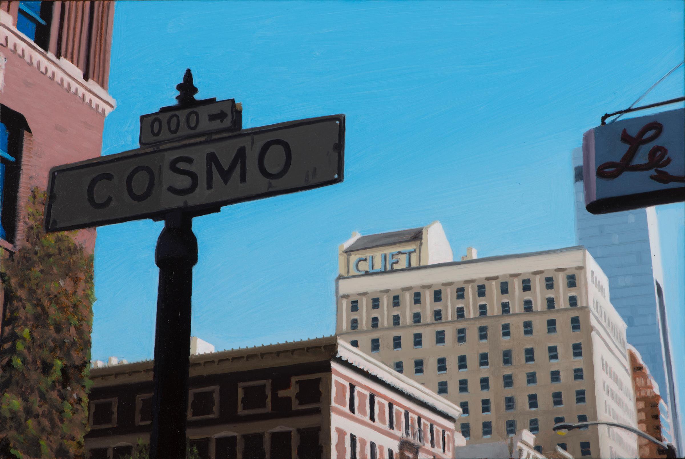Seth Tane Landscape Painting - small scale realist painting with blue, "Cosmo, S.F.", San Francisco 