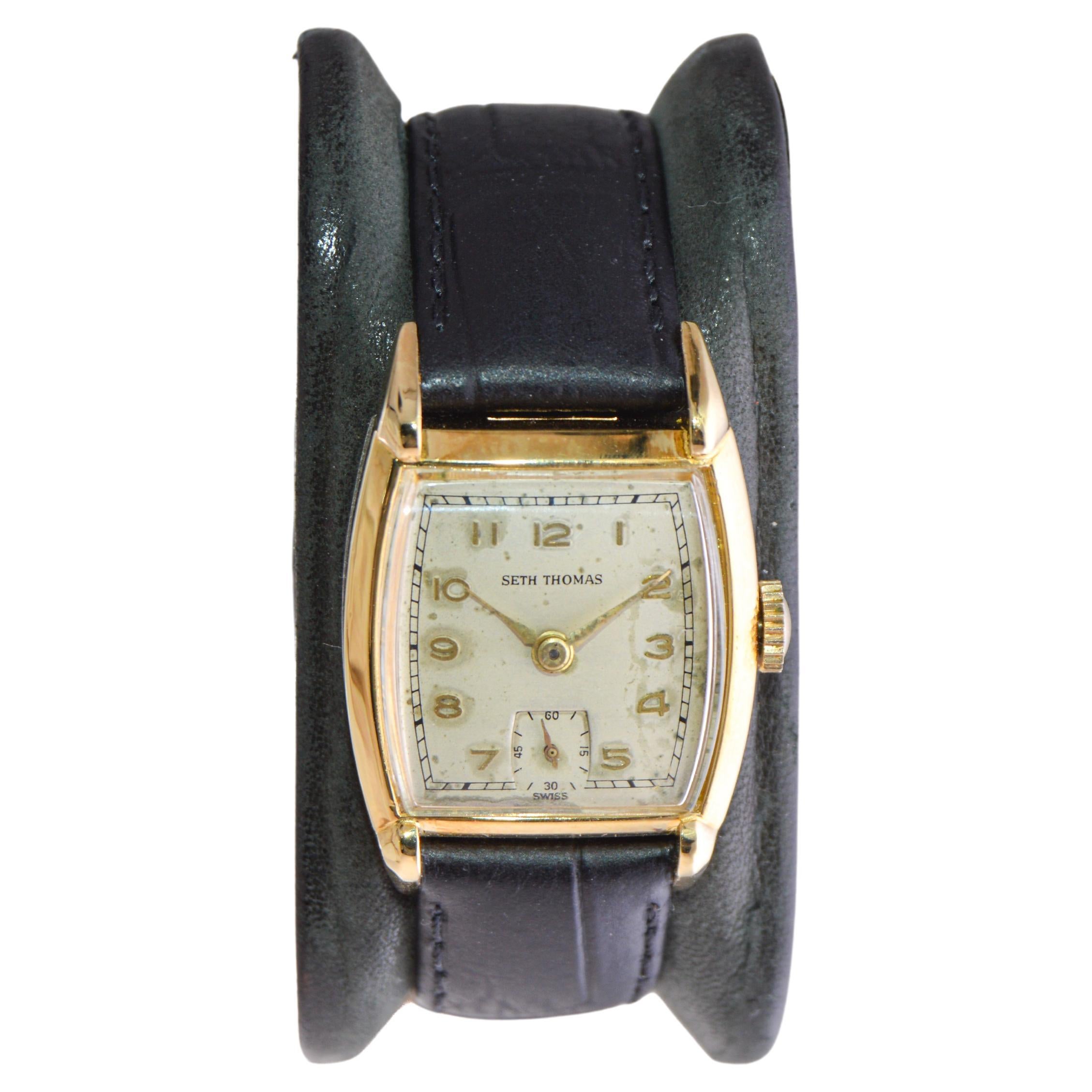 Seth Thomas Yellow Gold Filled Art Deco Tonneau Shape with Original Dial 1940's For Sale
