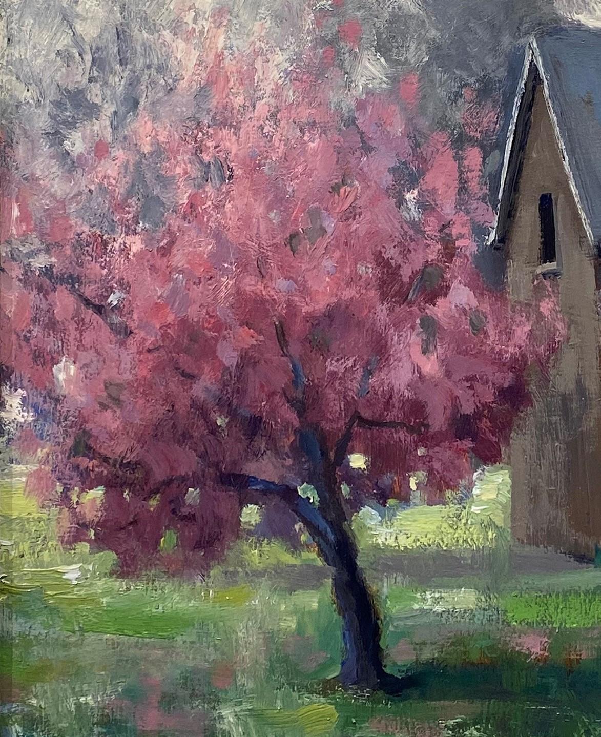 „A Touch of Spring“ (2022) von Seth Winegar, Ölgemälde, Scheune mit rosa Baum im Angebot 2