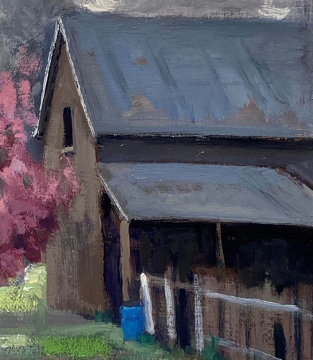 „A Touch of Spring“ (2022) von Seth Winegar, Ölgemälde, Scheune mit rosa Baum im Angebot 3