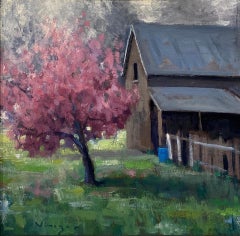 „A Touch of Spring“ (2022) von Seth Winegar, Ölgemälde, Scheune mit rosa Baum