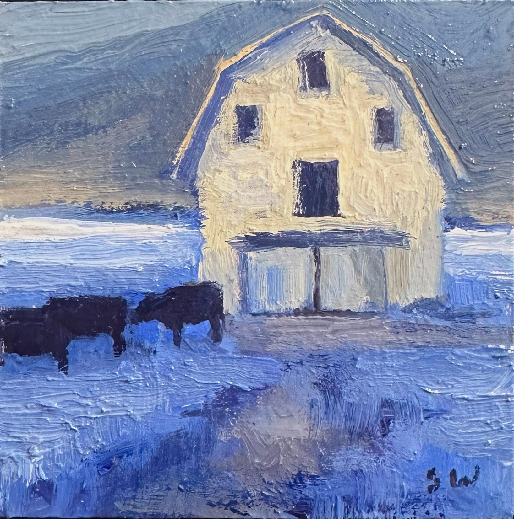Seth Winegars (USA) "Feeding Time" ist ein originales, handgefertigtes Ölgemälde, das eine Landschaft mit weißen Ställen und Kühen bei der Fütterung zeigt. 

Bio/Künstlerische Erklärung:
Seth Winegar ist ein Ölmaler, der in West Bountiful, Utah,
