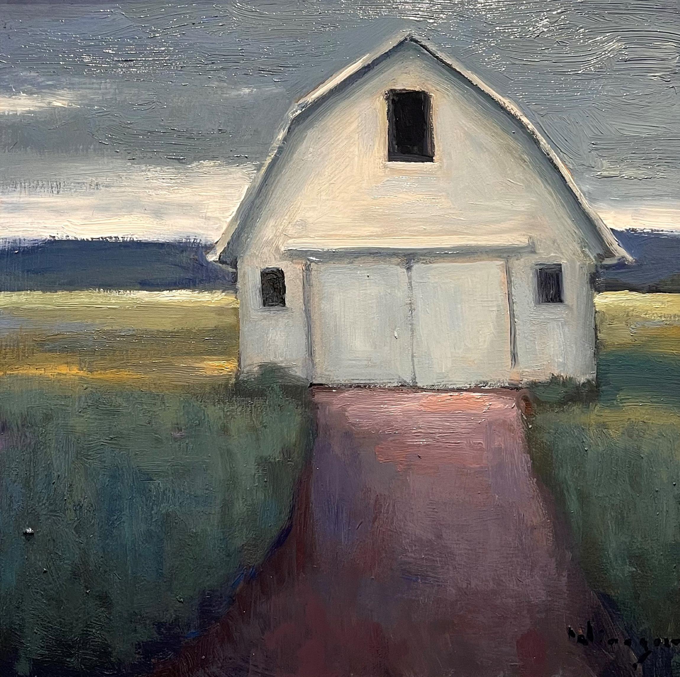 "Grey Sky Barn" (2022) by Seth Winegar, Oil painting, White Barn