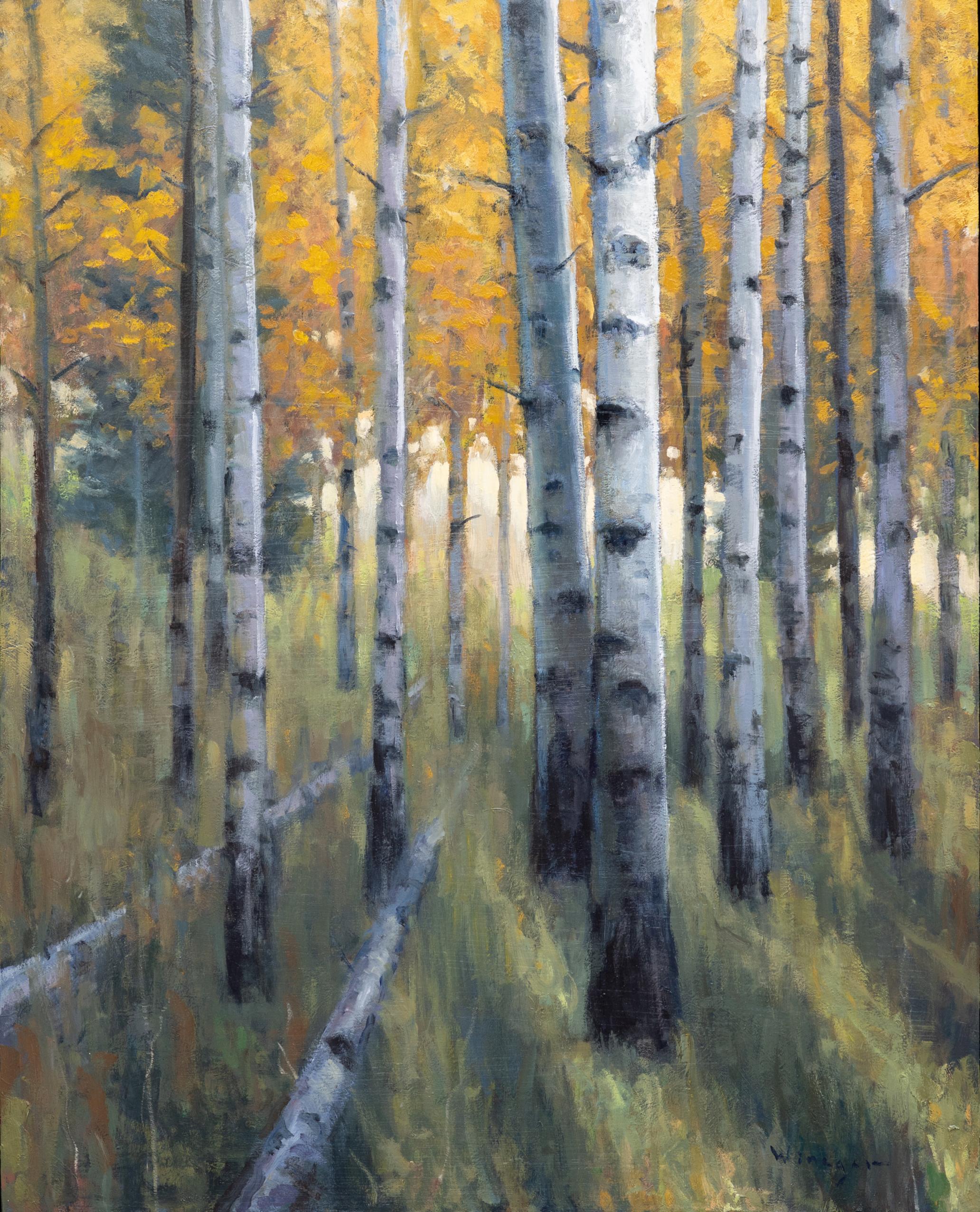 Luz a través de los álamos temblones - Painting Tonalista de Seth Winegar