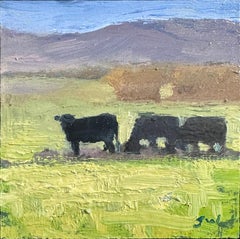 "Lunch Time" (2023) by Seth Winegar, Oil painting, Black Cows