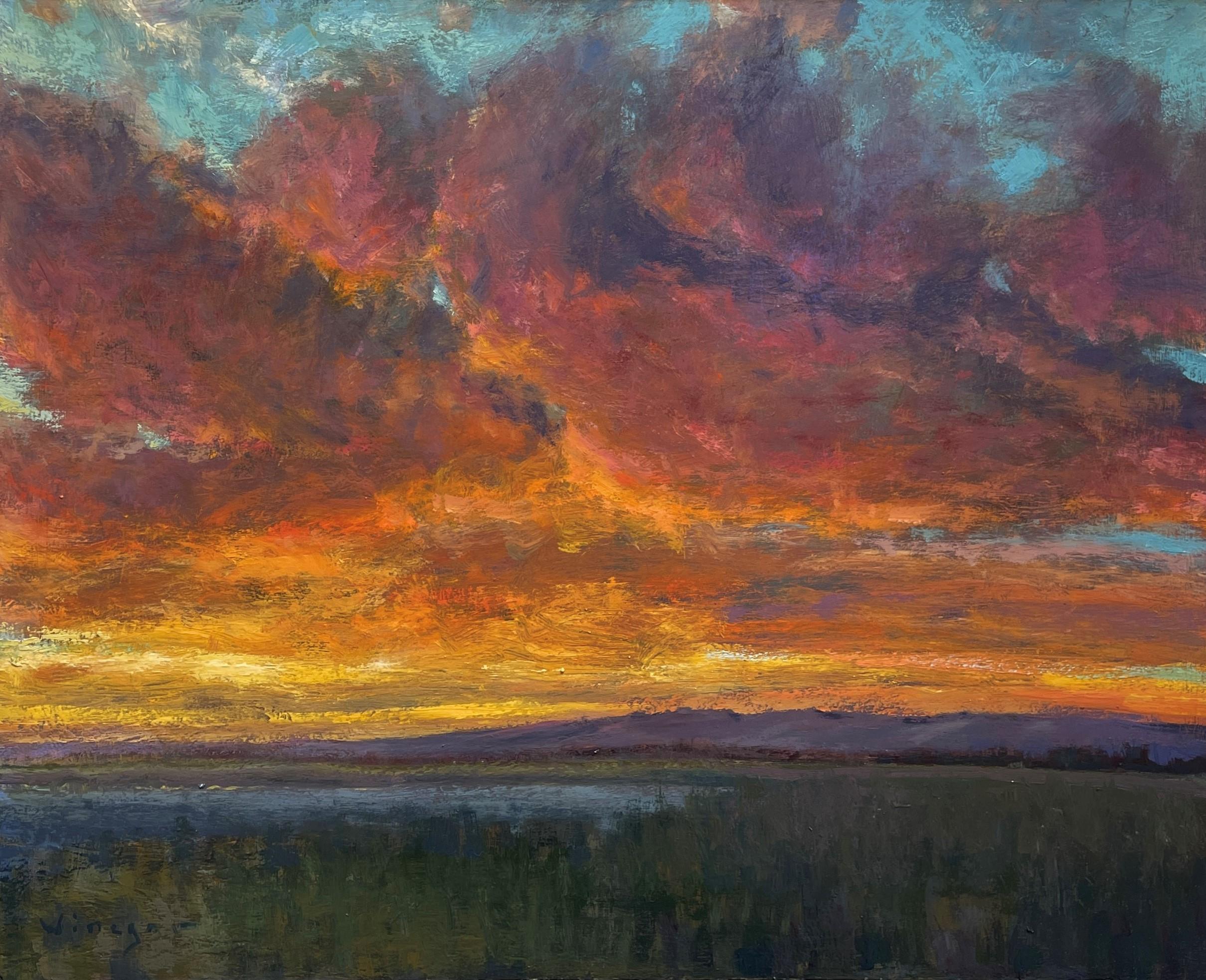 "Prism Sky" di Seth Winegar (USA) è un dipinto a olio originale e fatto a mano che raffigura un paesaggio con un tramonto brillante che illumina un cielo nuvoloso. 

Bio/dichiarazione dell'artista:
Seth Winegar è un pittore ad olio nato a West