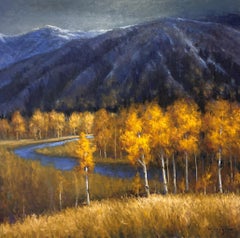 "Río a través del oro" (2026) - Paisaje de bosque y montaña, Pintura al óleo