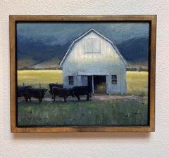"Social Club" by Seth Winegar, Oil painting, Cows and Barn