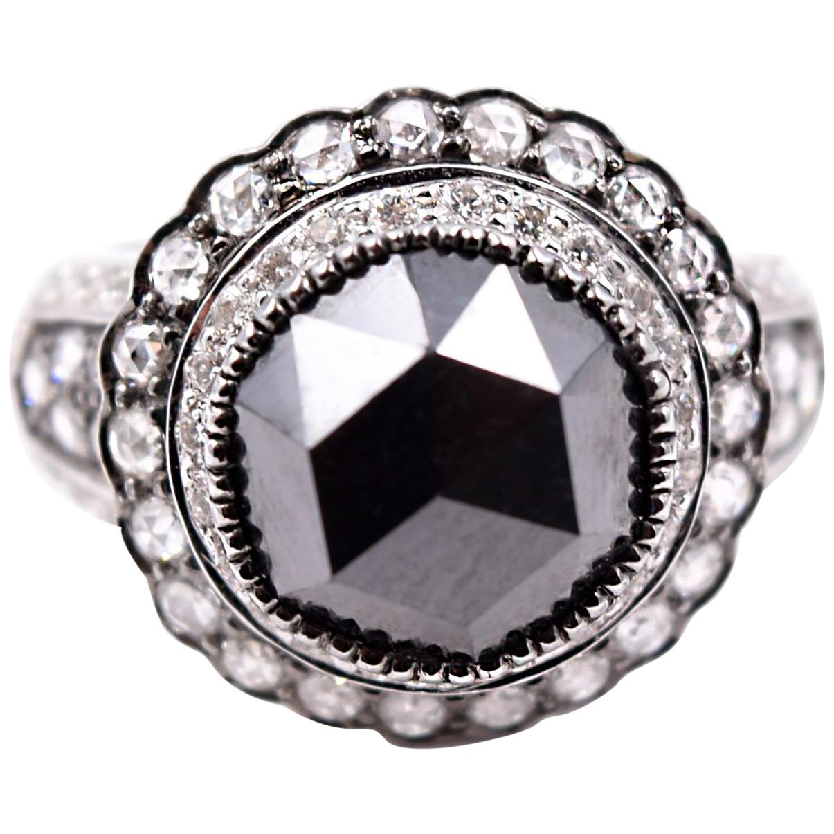 Sethi Couture 18 Karat White Gold 7.5 Carat Black Diamond Cocktail Ring For Sale