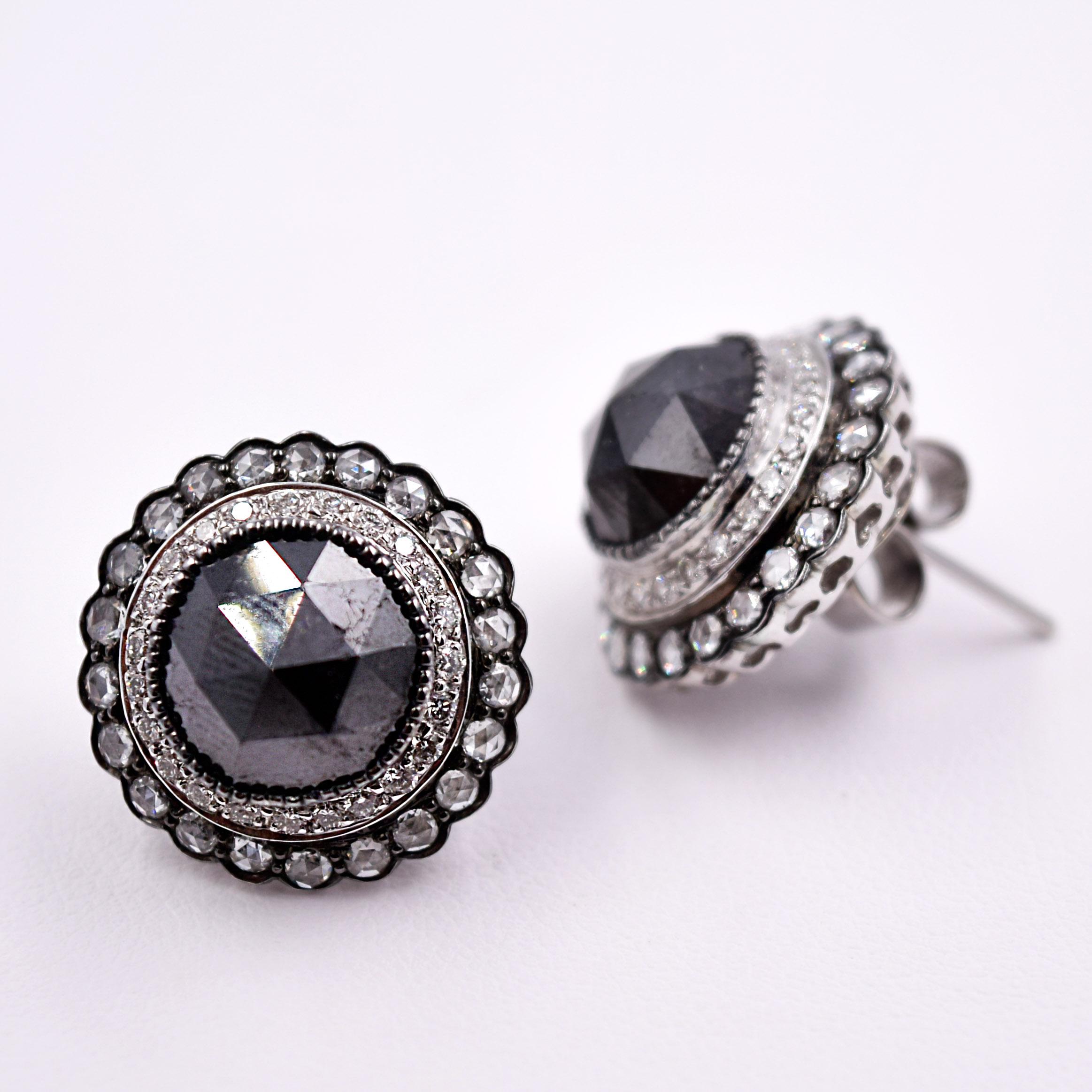 Contemporary Sethi Couture 18 Karat White Gold Black Diamond and White Diamond Stud Earrings For Sale