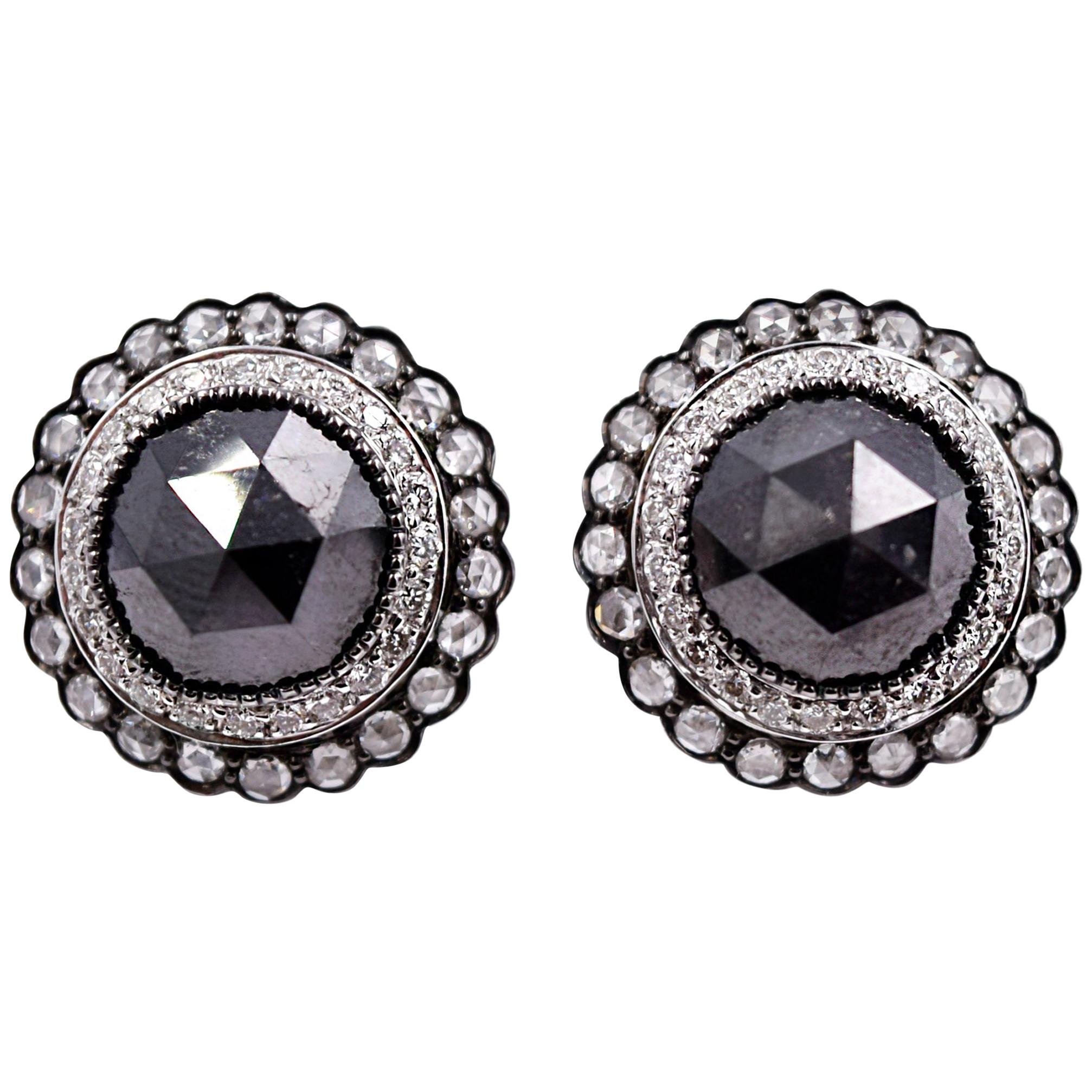 Sethi Couture 18 Karat White Gold Black Diamond and White Diamond Stud Earrings For Sale