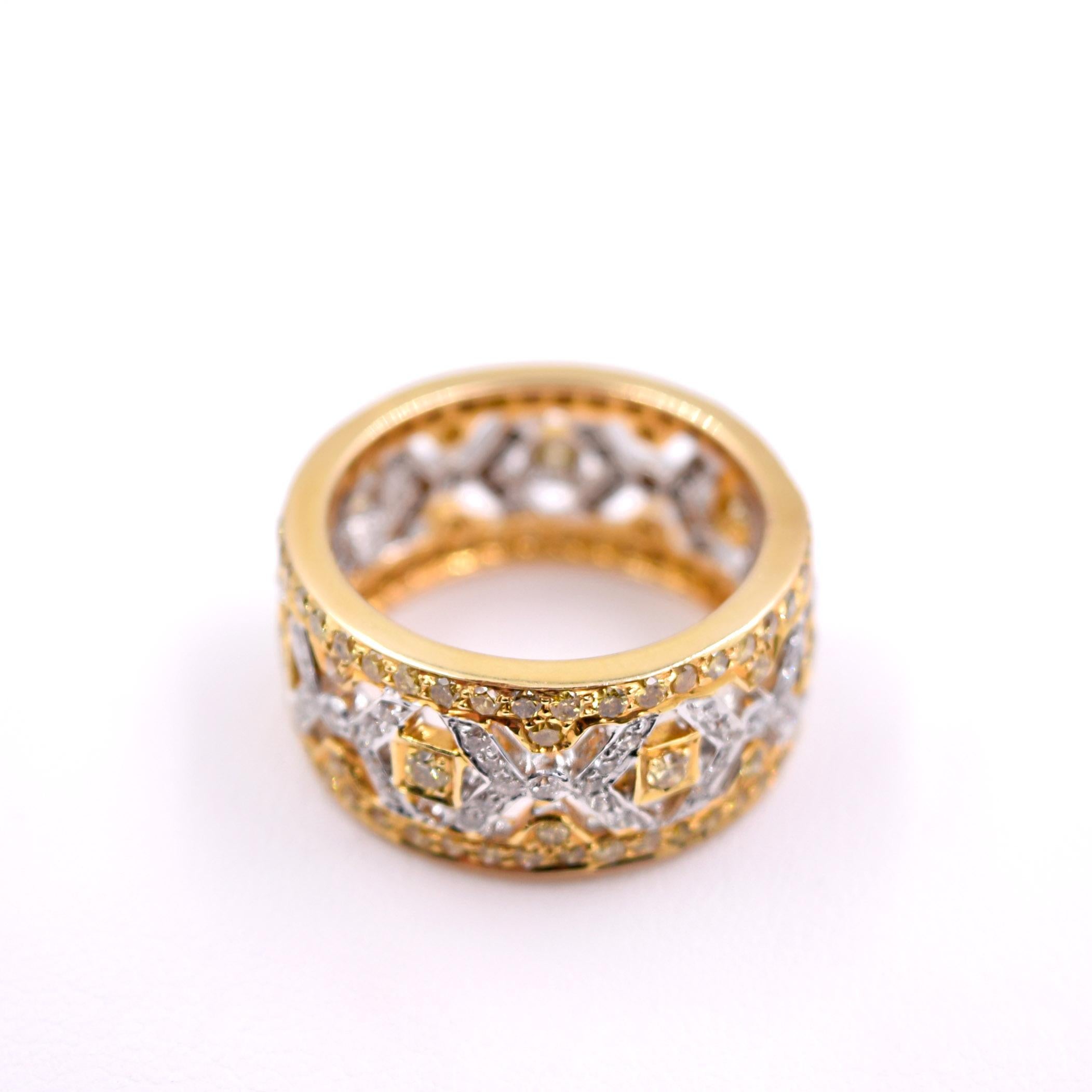 Beautiful diamond band by Sethi Couture.
White and yellow diamonds equal 2.25 Carats on 18K white and yellow gold.
Size of the ring is 8.