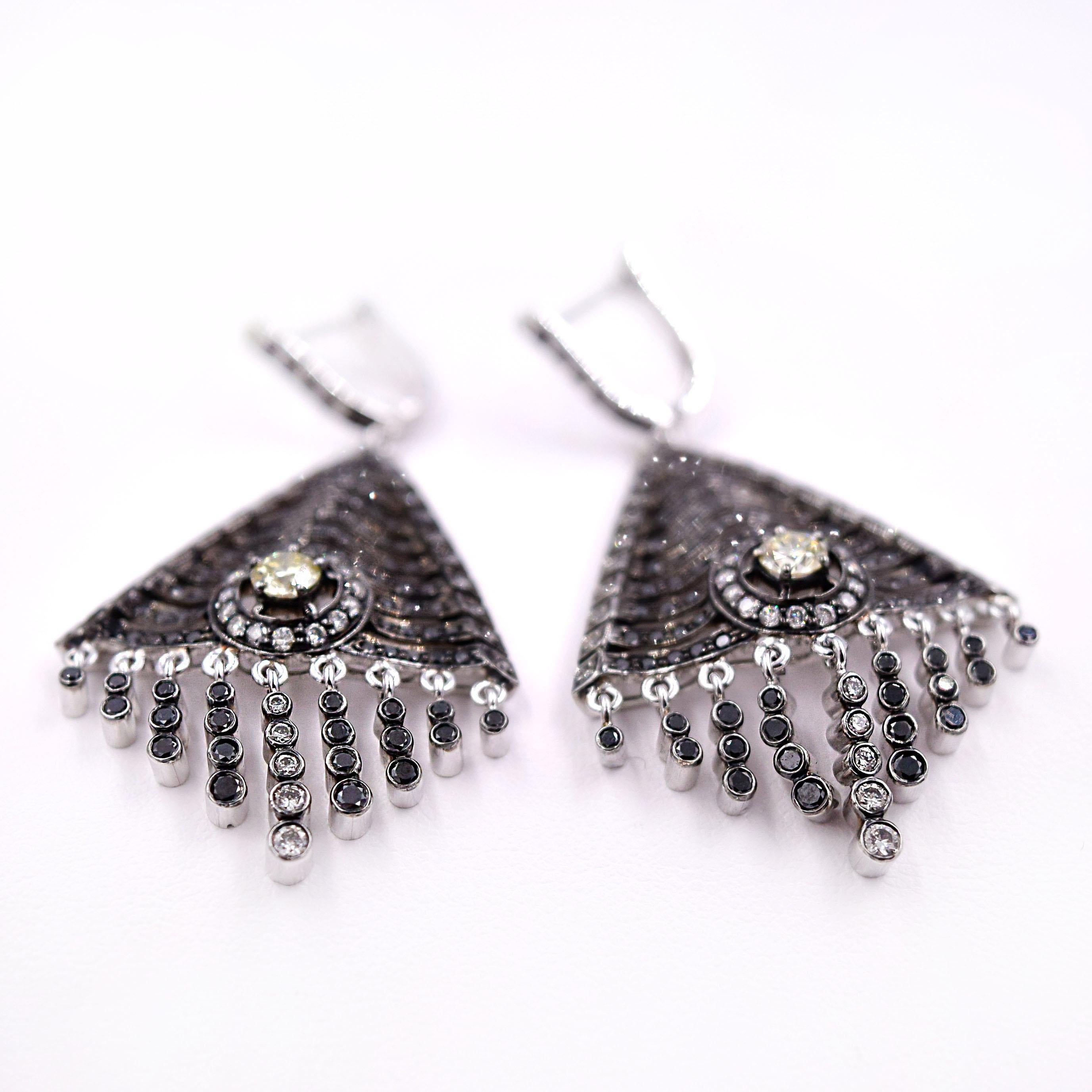 Contemporary Sethi Couture 3.44 Carat Black and White Diamond Tassel Earrings 18 Karat Gold For Sale