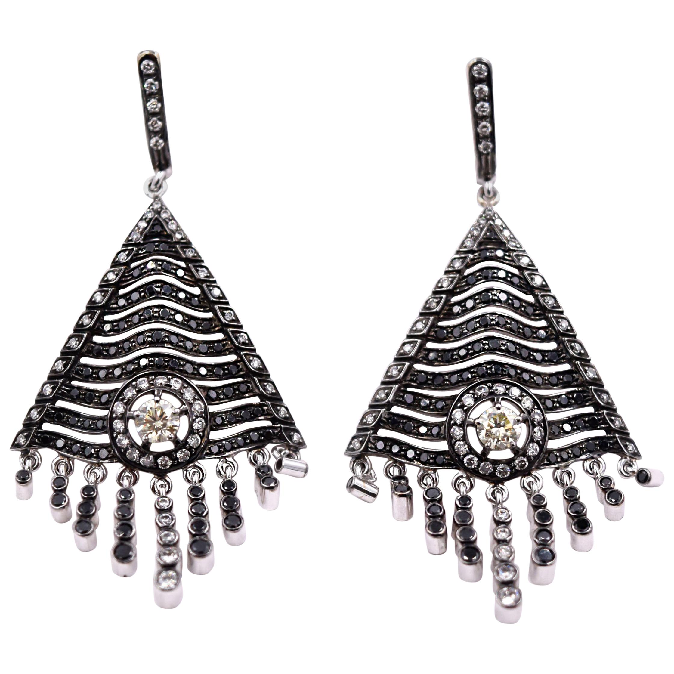 Sethi Couture 3.44 Carat Black and White Diamond Tassel Earrings 18 Karat Gold For Sale