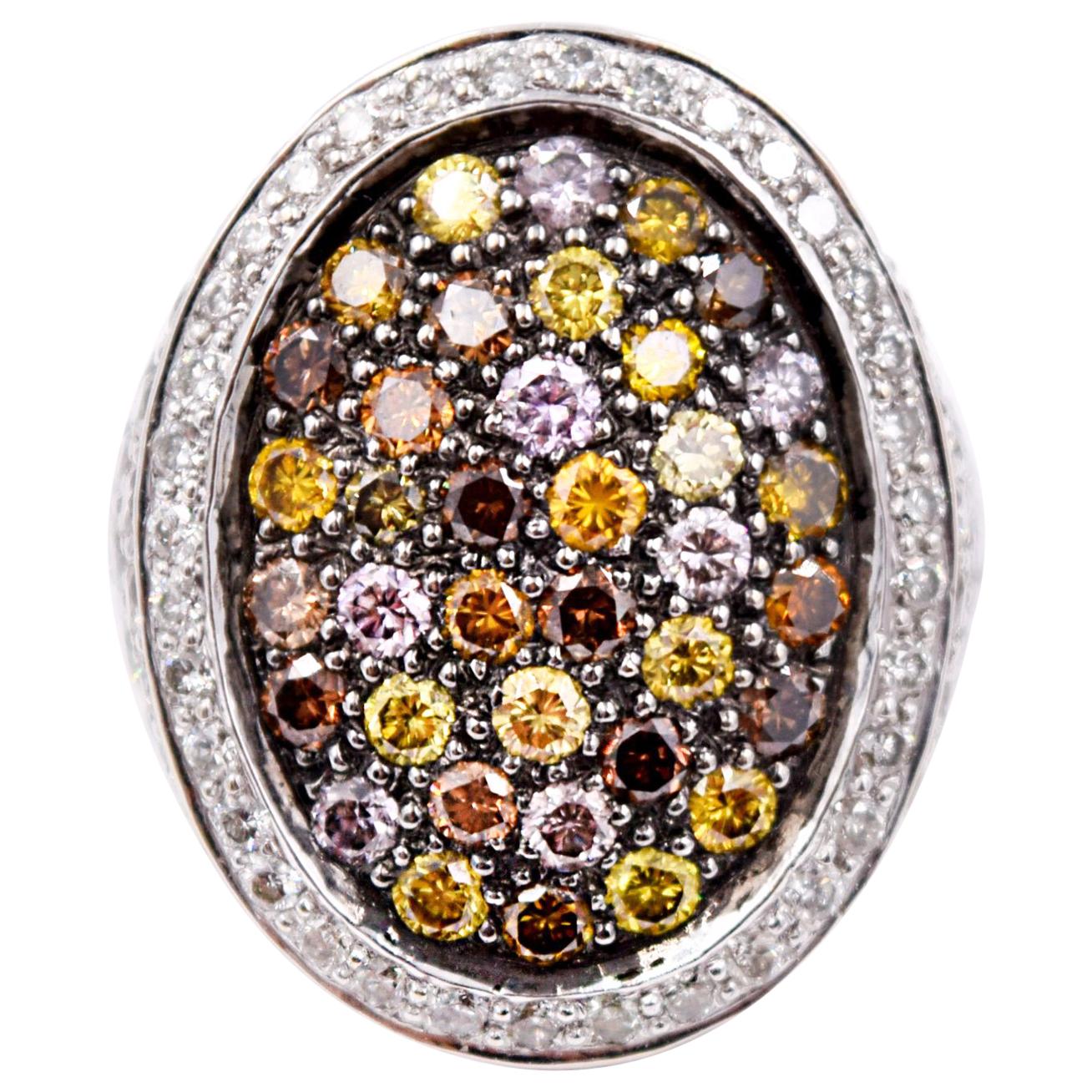 Sethi Couture 4.45 Carat Multicolored Diamond Cocktail Ring in 18 Karat Gold For Sale