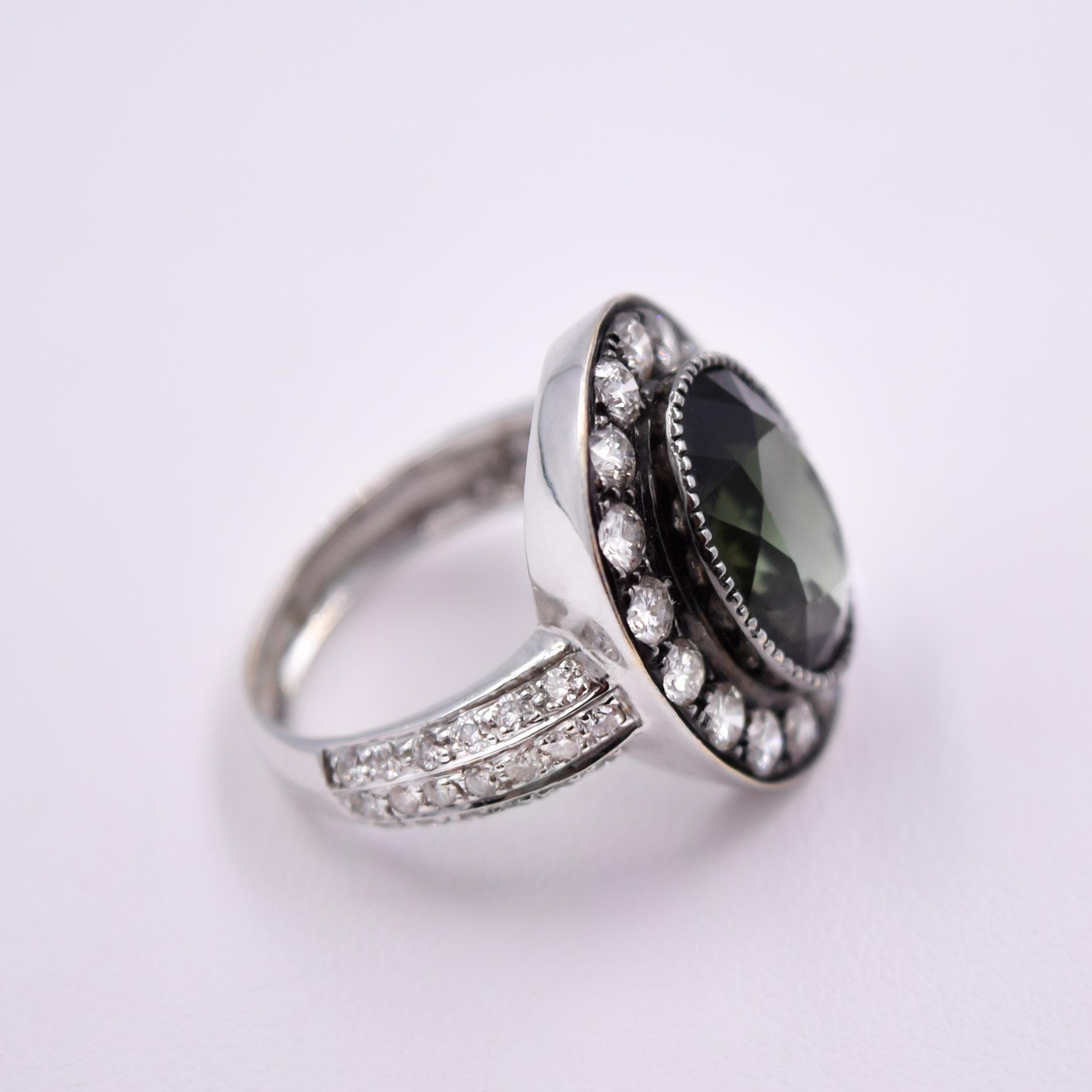 Contemporary Sethi Couture 5.50ct Green Tourmaline & Diamond Cocktail Ring 18K White Gold For Sale