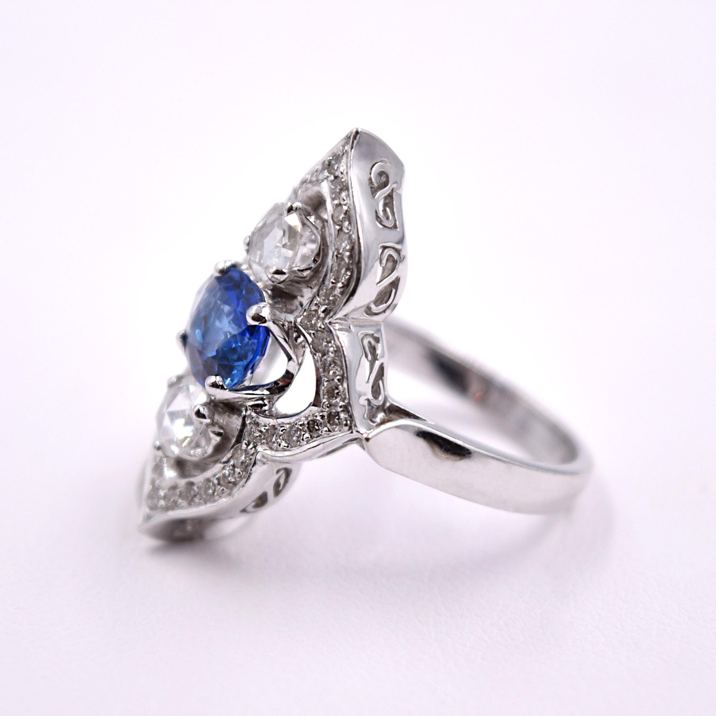 1.42ct blue sapphire and 0.83ct white diamond statement ring by Sethi Couture in 18K white gold.
Ring is size 6.5 and can be sized.
