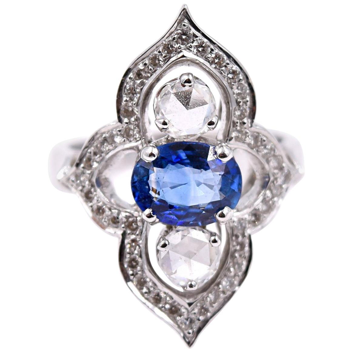 Sethi Couture Blue Sapphire and White Diamond Cocktail Ring in 18 Karat Gold For Sale