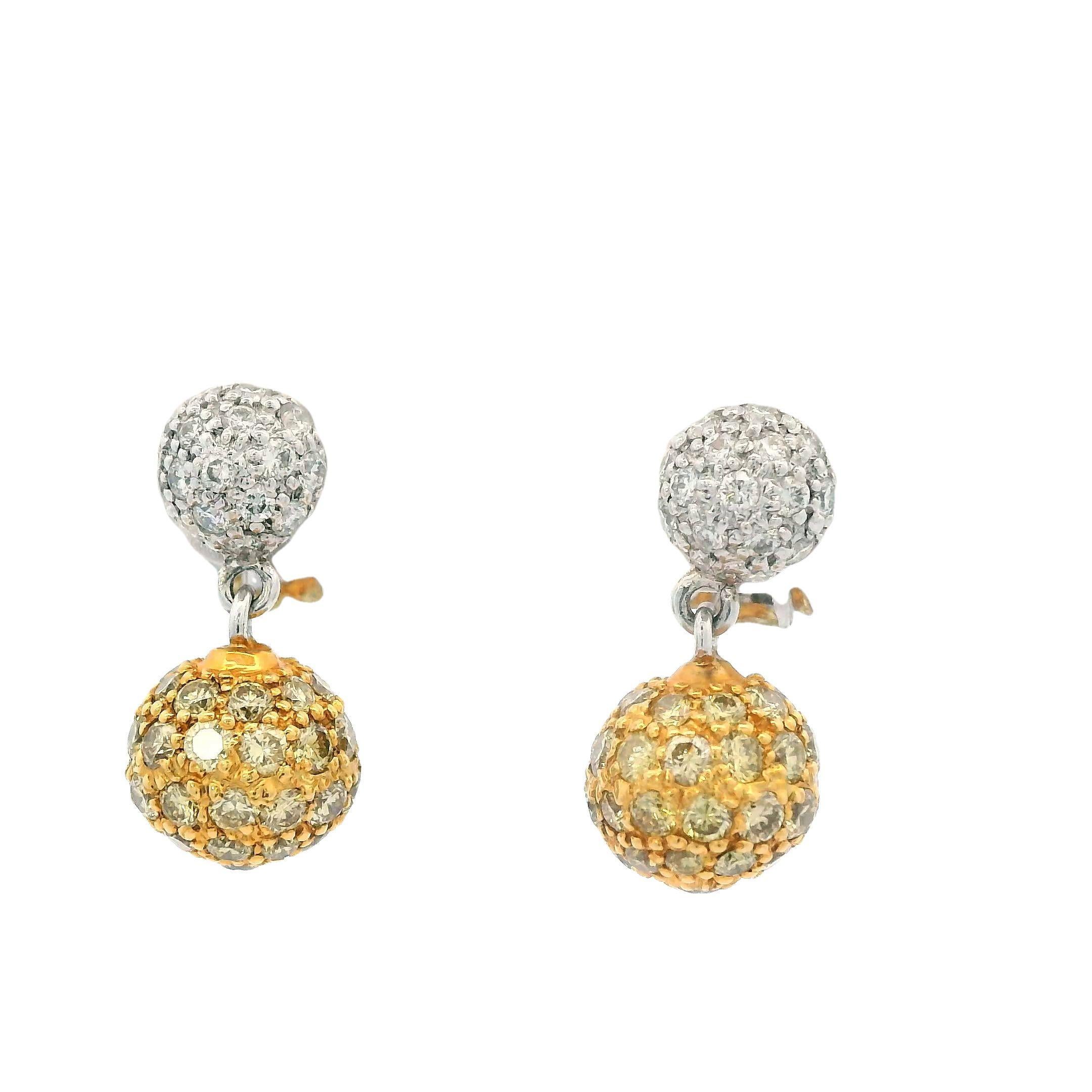 Modern Sethi Couture White & Fancy Yellow Diamond Earrings 18k White & Yellow Gold For Sale