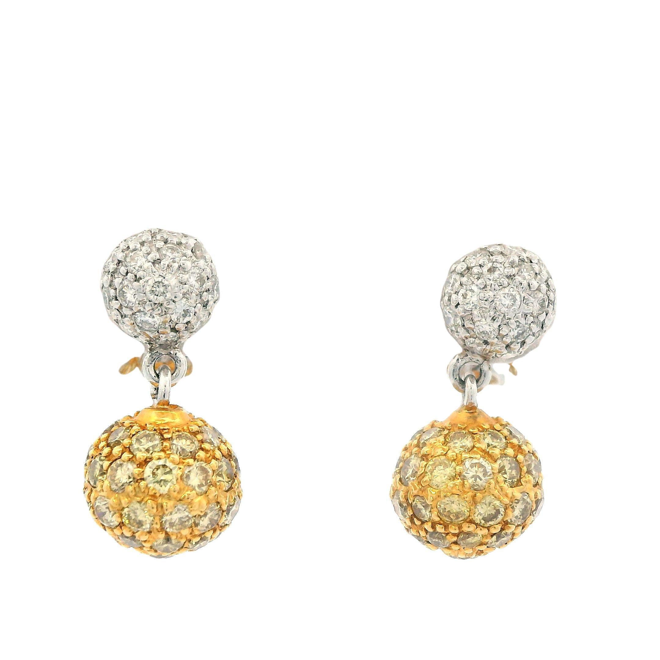 Round Cut Sethi Couture White & Fancy Yellow Diamond Earrings 18k White & Yellow Gold For Sale