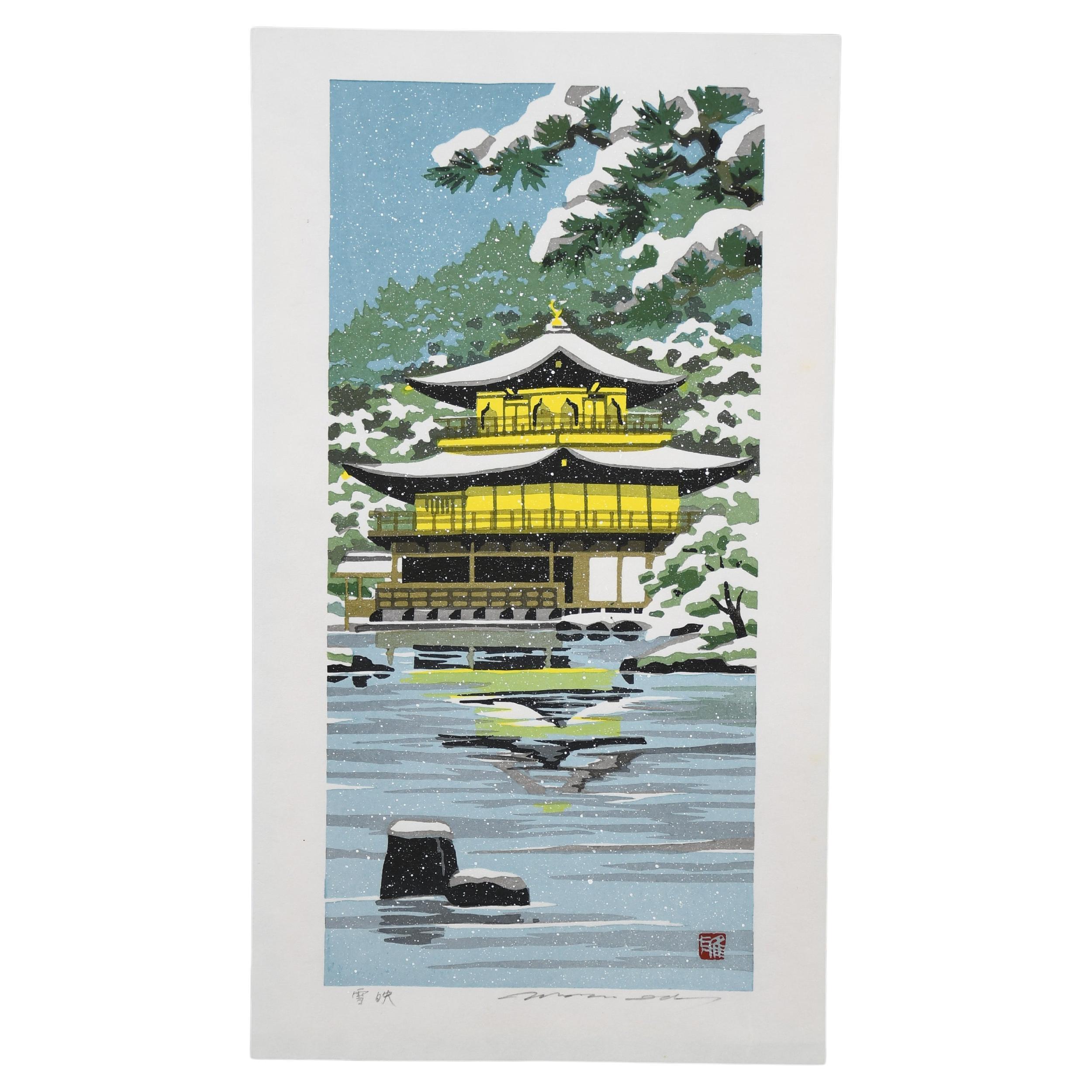 "Setsuei (Chute de neige au Kinkaku-ji)" estampe japonaise traditionnelle sur bois en vente