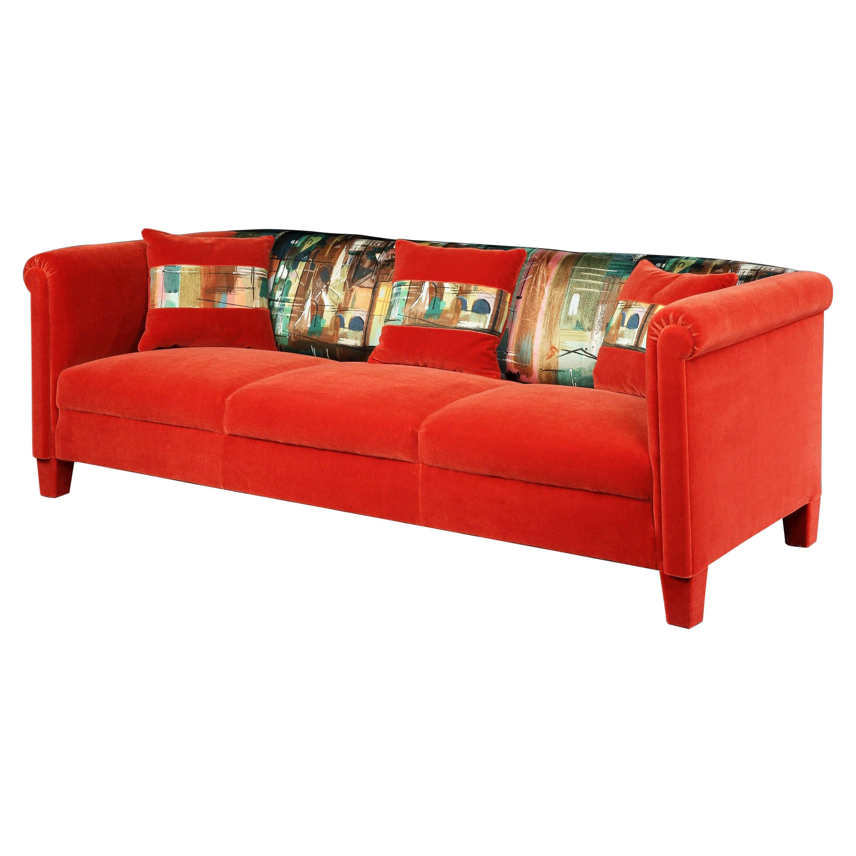 Settee, 1950, French, 3-Seat, Upholstered, Red, Velvet, John Piper For Sale