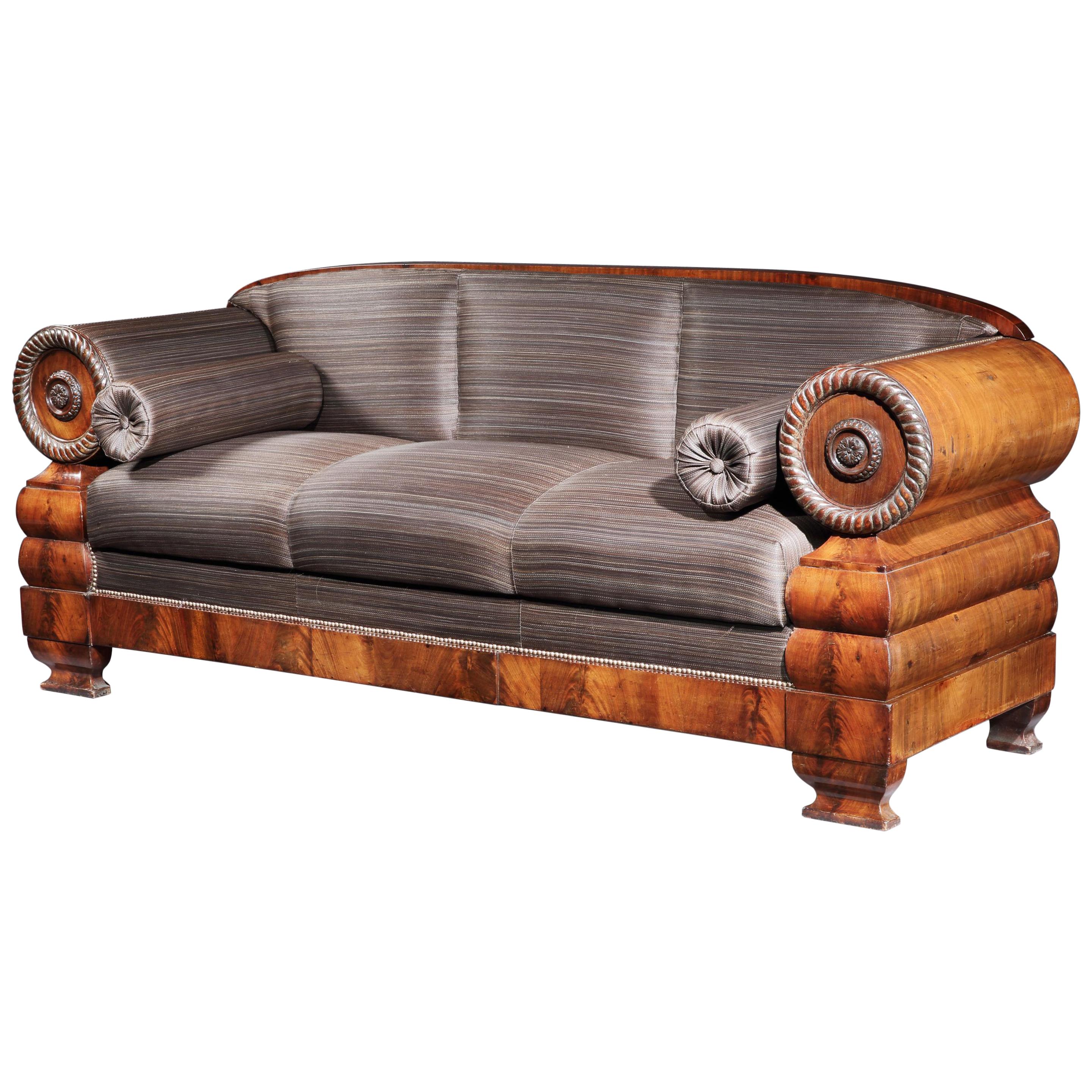 Settee 3-Seat Early 19th Century French Empire Mahogany Upholstered in Horsehair For Sale