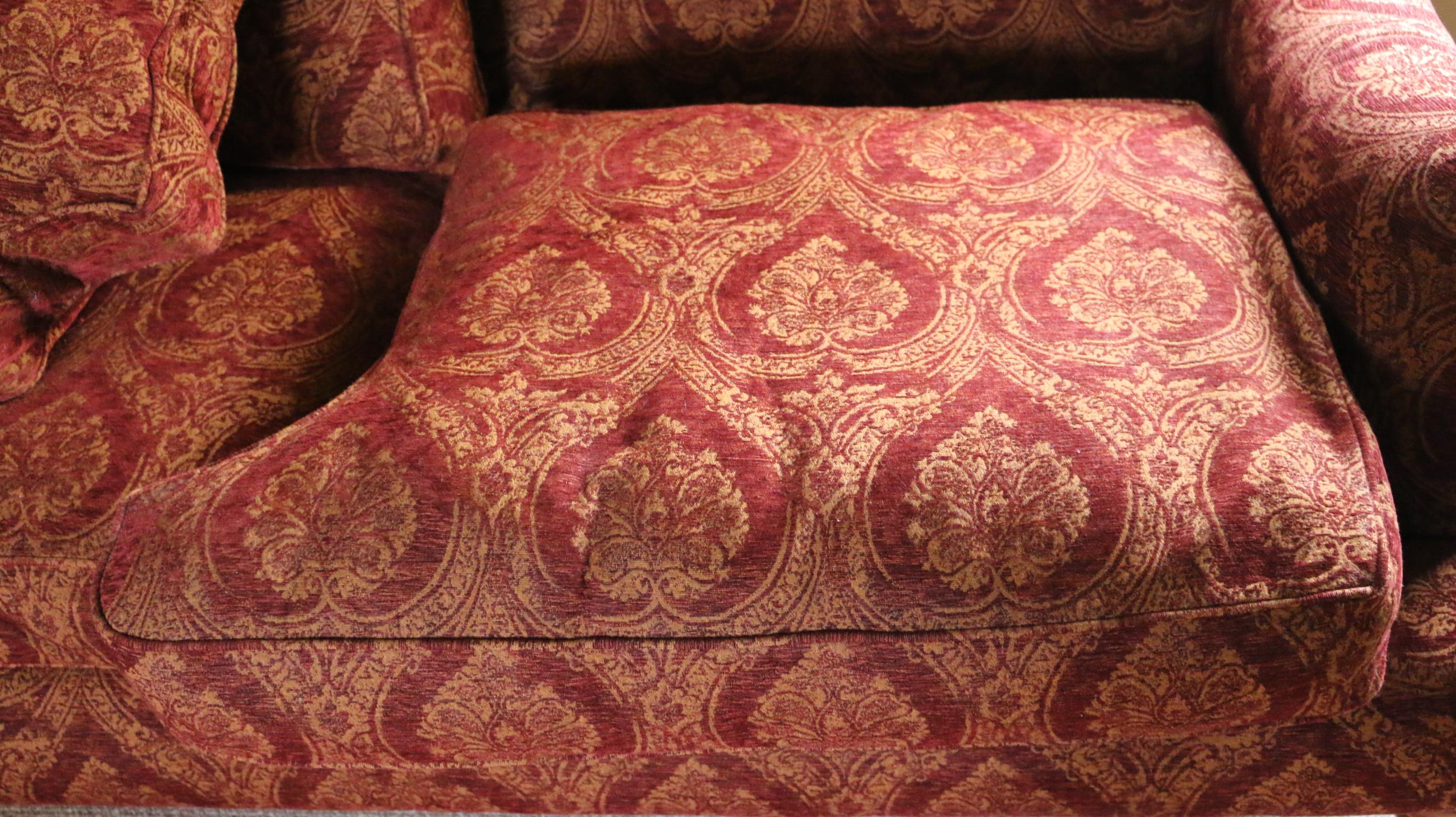 Late 20th Century Settee Sofa 3-Seat Howard Parker & Farr Red-Wine Gold Mulberry Paisley
