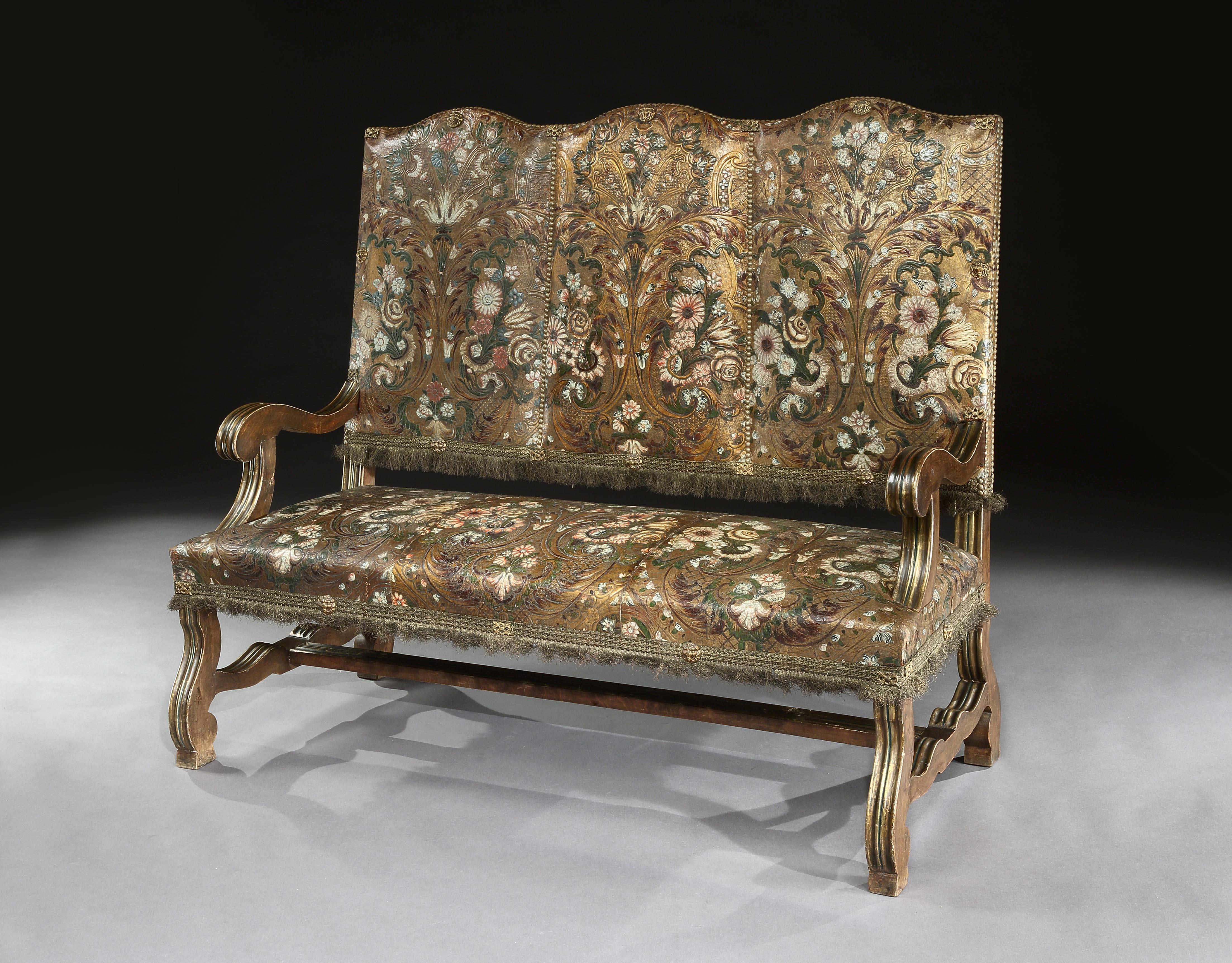 A unique, late-19th century, Spanish walnut & gilded, 3-seat, settee upholstered in exceptionally, rare, 18th century, polychrome & gilded leather panels

- A beautiful statement & conversation piece injecting gravitas, atmosphere and charm to any