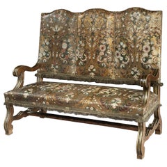 Settee Sofa 3-Seat Upholstered Spanish Leather Polychrome Gilded Walnut