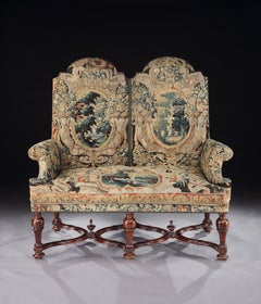 Settee, Sofa, Double-Chair Back, Brussels Tapestry, X-Stretcher, Walnut, 1700
