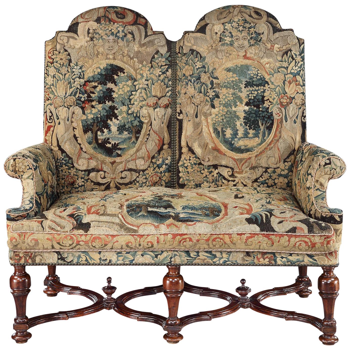 Settee, Sofa, Double-Chair Back, Brussels Tapestry, X-Stretcher, Walnut, 1700