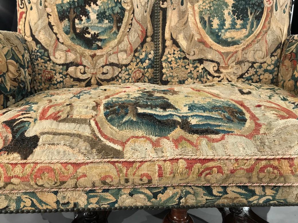Settee, Sofa, Double-Chair Back, Brussels Tapestry, X-Stretcher, Walnut, 1700 7