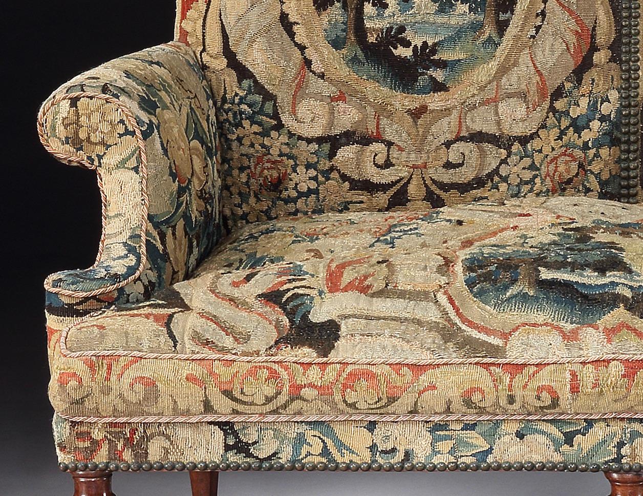Baroque Settee, Sofa, Double-Chair Back, Brussels Tapestry, X-Stretcher, Walnut, 1700