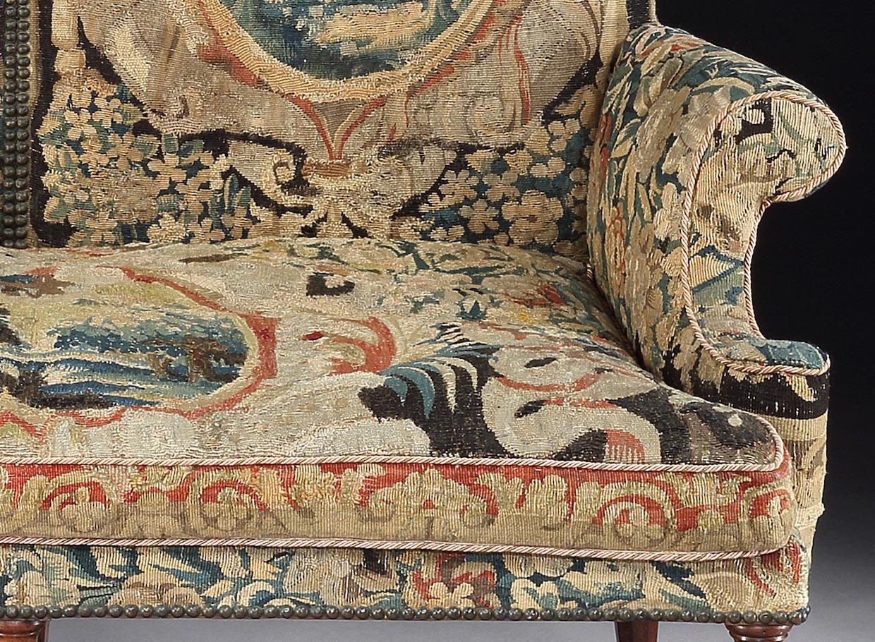 English Settee, Sofa, Double-Chair Back, Brussels Tapestry, X-Stretcher, Walnut, 1700