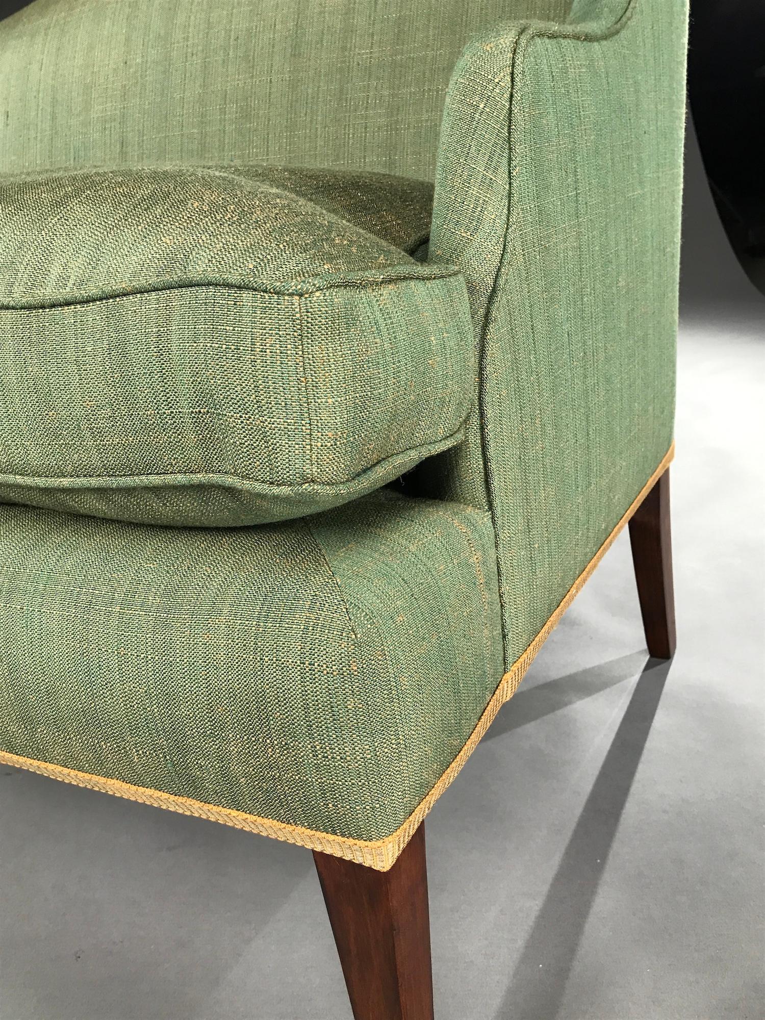Neoclassical Revival Settee Sofa Love Seat Pair Green Gold Linen American 2-Seater Petite Wide